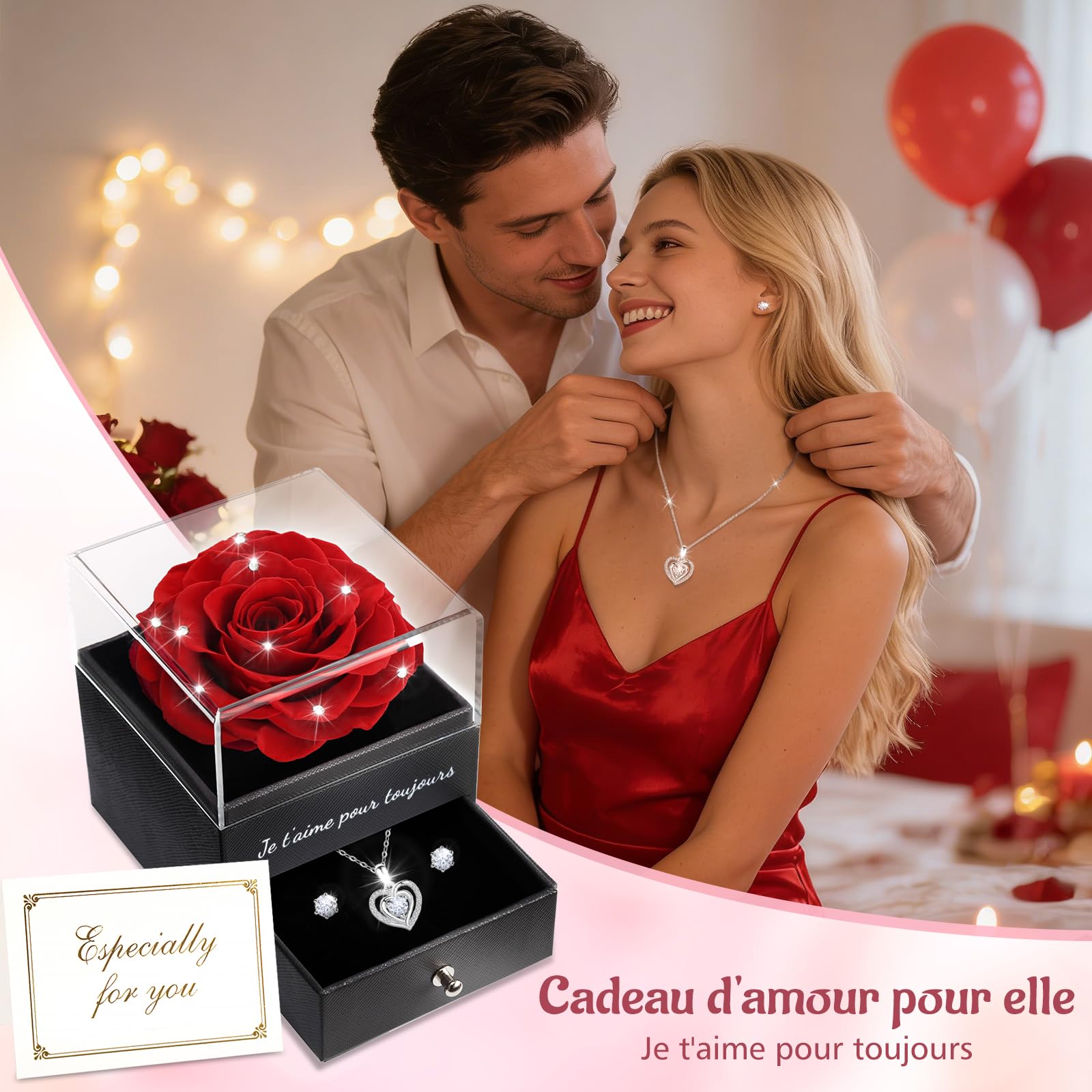 Sunia Rose Eternelle avec Bijoux Argent 925,Collier Coeur Boucles d'oreilles,Coffret Cadeau Femme,Rose Préservée avec Collier,Cadeau Anniversaire Femme,Amour Cadeau,Fete des Meres,Noël,Saint-Valentin