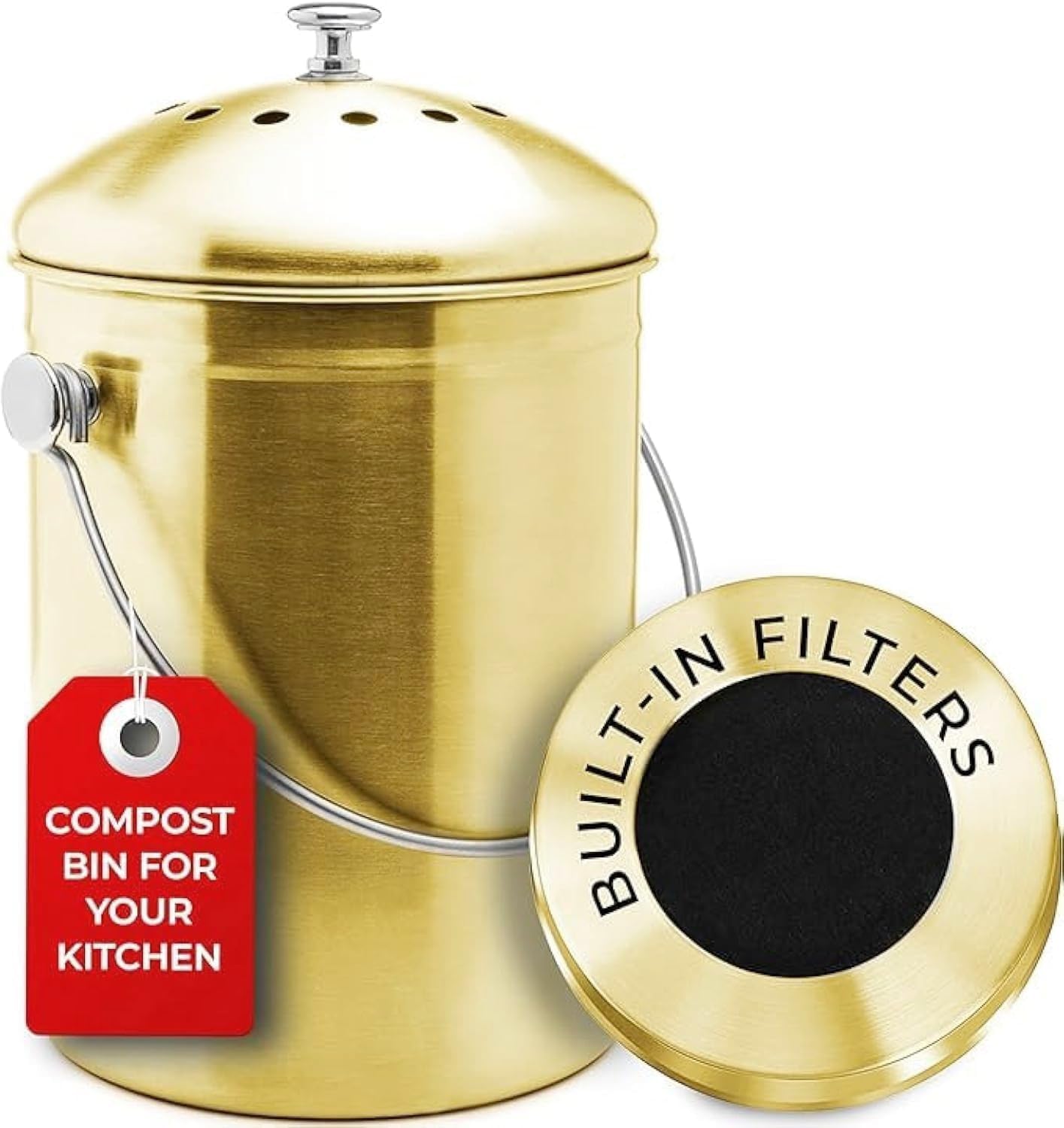 Epica Gold Countertop Compost Bin Kitchen | 1.3 Gallon | Odorless Composting Bin With Carbon Filters | Indoor Compost Bin With Lid | Stainless Steel Kitchen Composter For Food Scraps & Waste Recycling