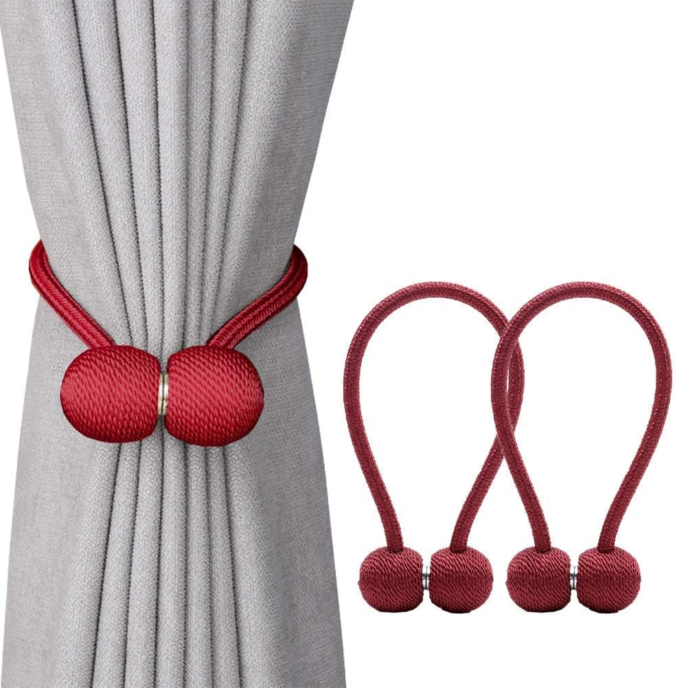 Magnetic Curtain Tiebacks - 2 Pack Drapes Holdbacks - Clips Holders for Office and Home Small, Thin or Sheer Windows Draperies - Strong Magnets and Thin Fiber Rope (Red, 12 Inch Long)