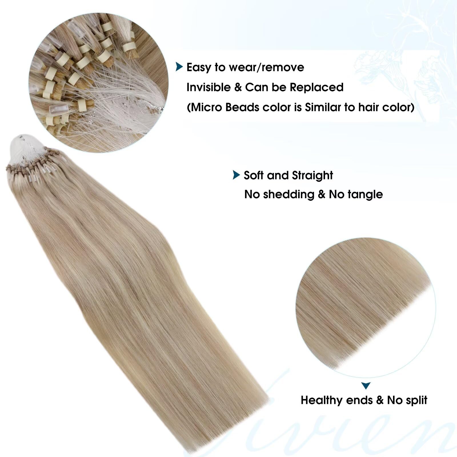 Vivien 24 Inch Micro Beads Extensions Human Hair Blonde Natural Hair Extensions Micro Ring Ash Blonde with Bleach Highlight Long Silky 50s 50g #18/613 - Image 3
