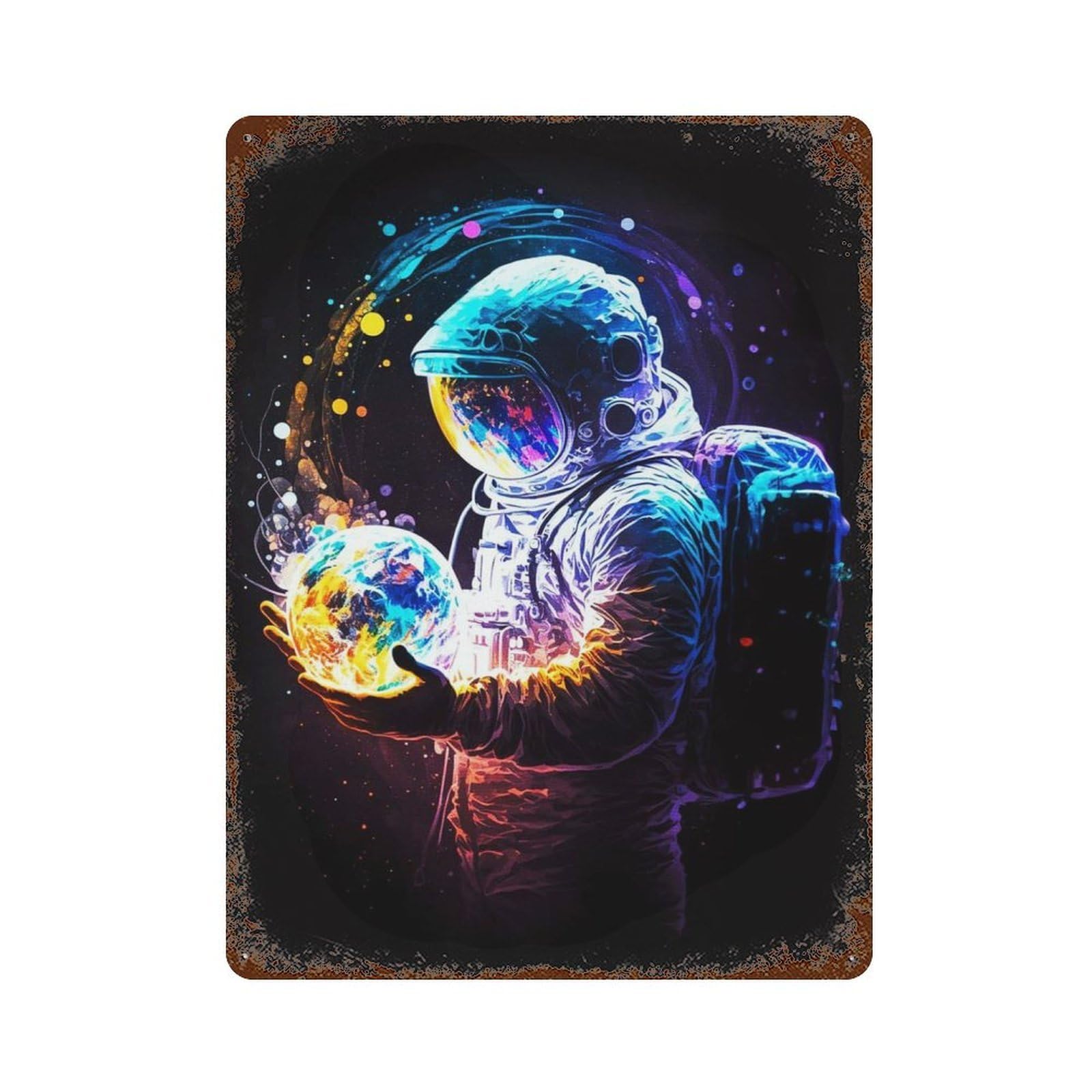Rusty Metal Tin Sign Planet In Hand Astronaut 15.7"x11.8", Industrial Home Decor for Patio, Garden Room And Bar Decor