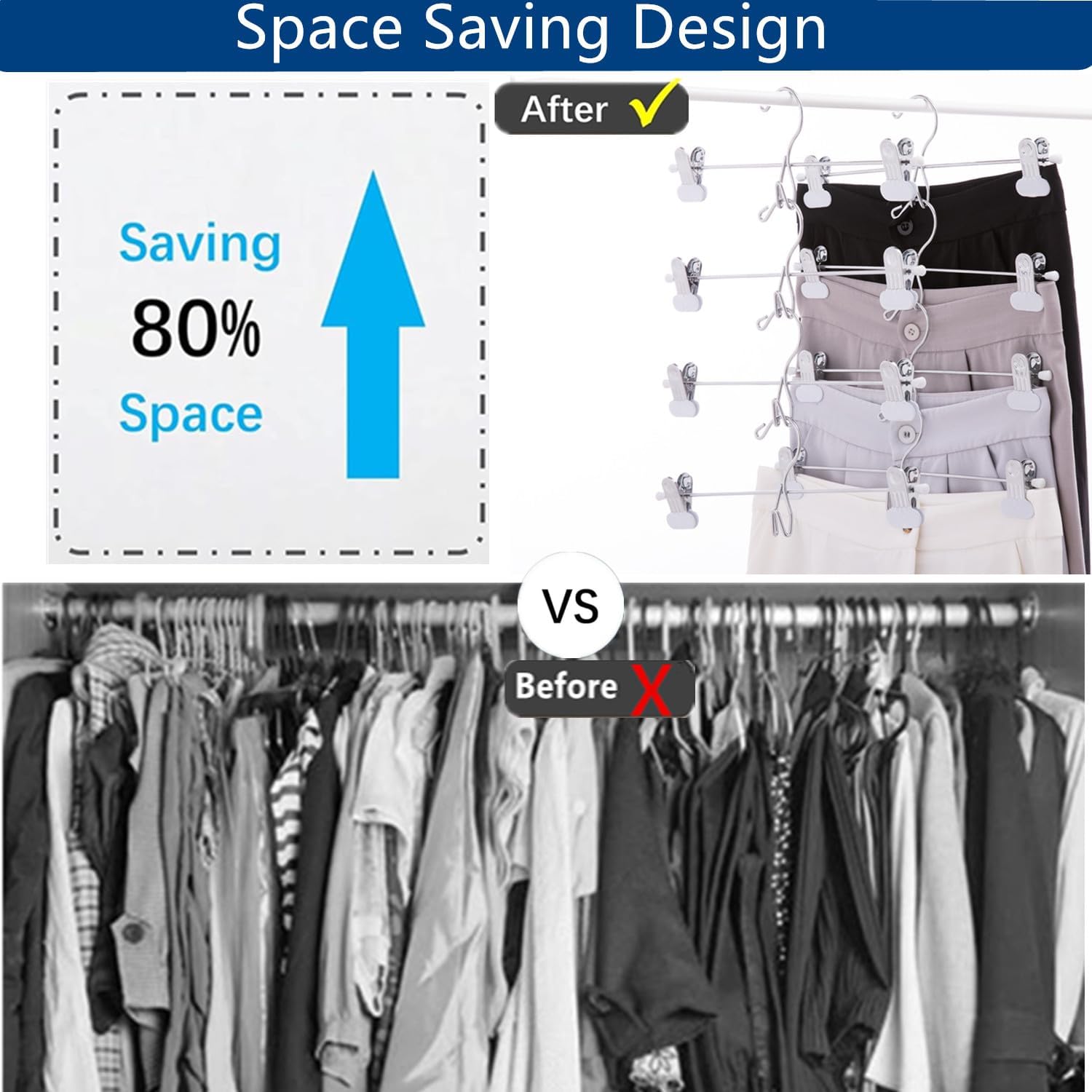 13 Inch White Heavy Duty Add-on Stackable Metal Hanger for Trousers Pants Skirt with Extra Strong Clips Pack of 20