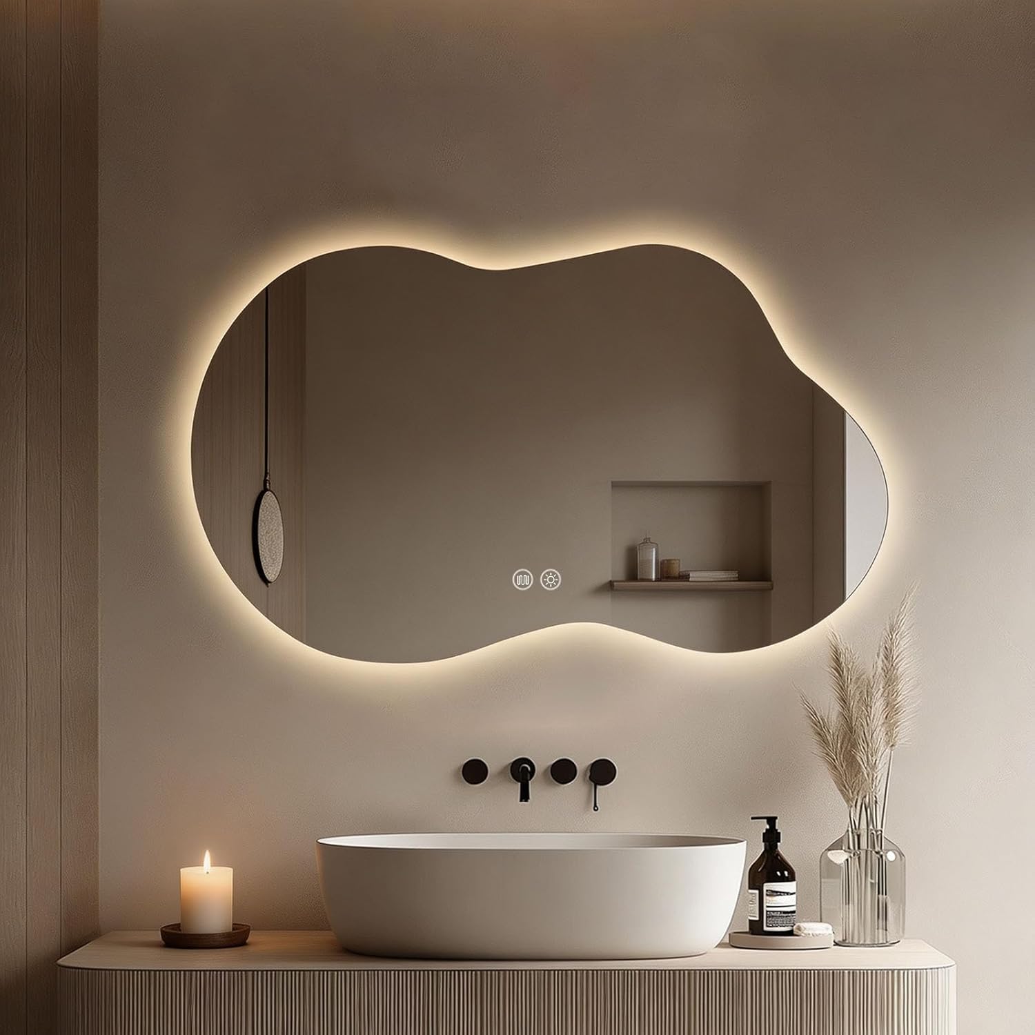LED Bathroom Mirror with Lights 22x36, Stepless Dimmable Irregular Backlit Mirror with 3 Colors, Anti-Fog, Memory, Al-Alloy Lampshade, Frameless Smart Mirror for Bathroom (Horizontal/Vertical)
