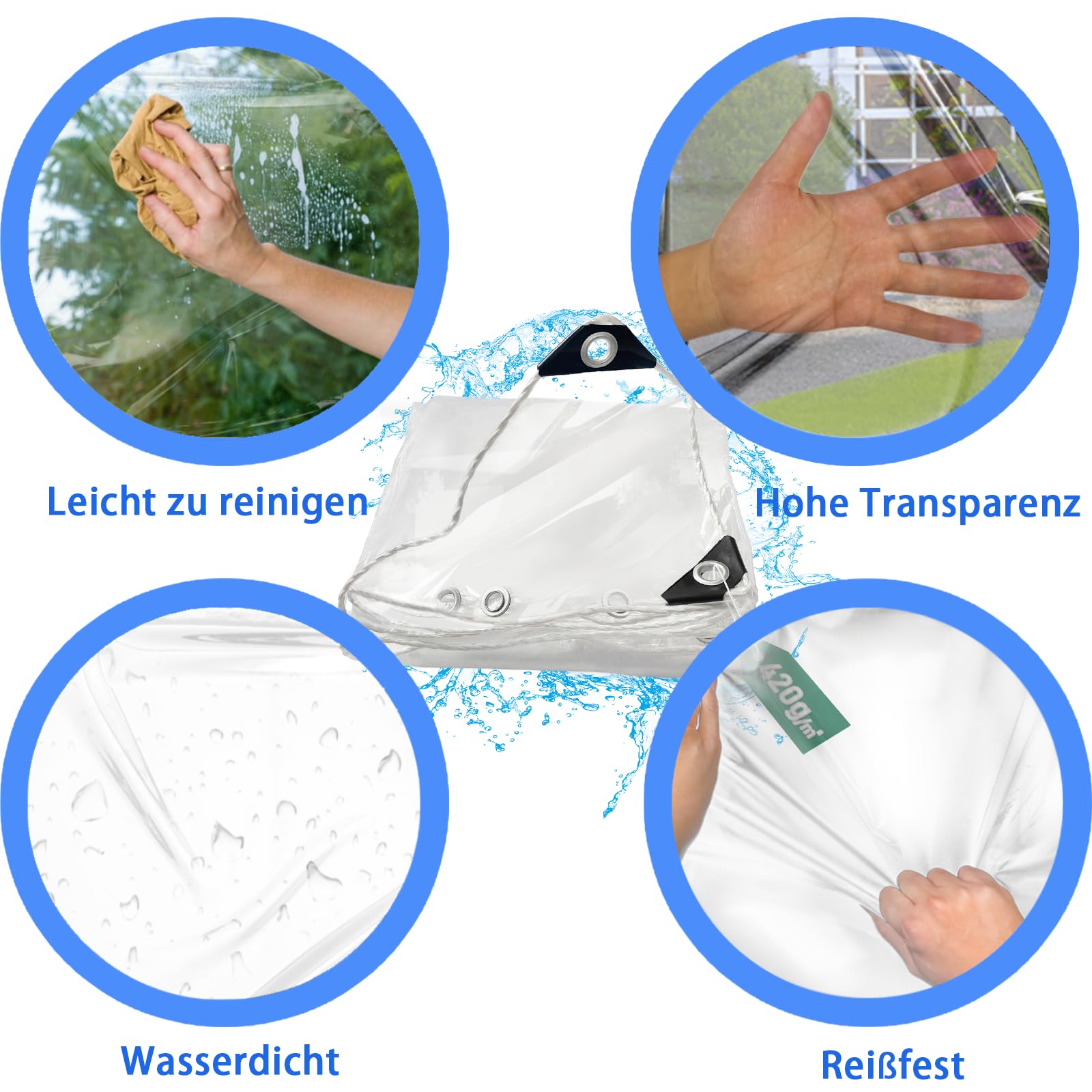 Telone impermeabile in PVC trasparente con occhielli, 420 g/m², resistente alle intemperie, invernale, trasparente, antistrappo, per mobili da giardino, serra, gazebo, parti laterali (3 x 5 m)