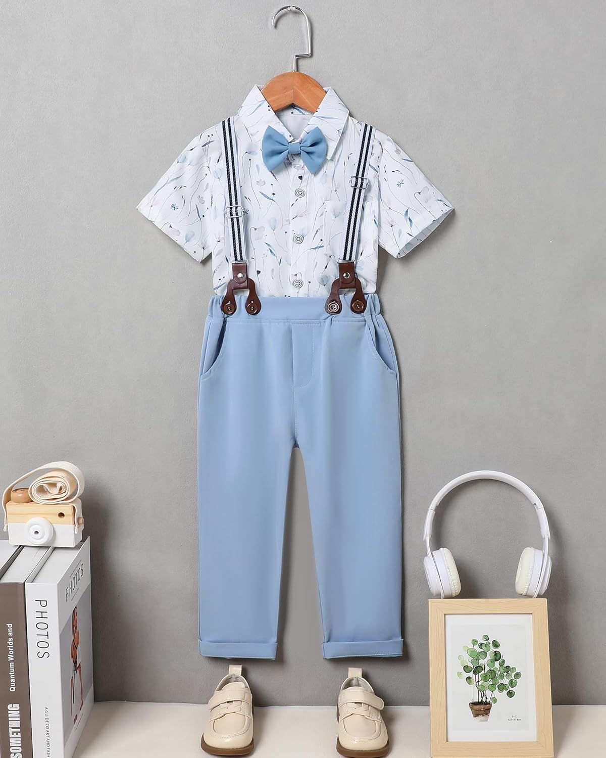 ZOEREA Boys Clothes Formal Suit Gentleman Wedding Outfit Short Sleeve Shirt with Bow Tie and Suspender Pants 2-10 Years - Image 4