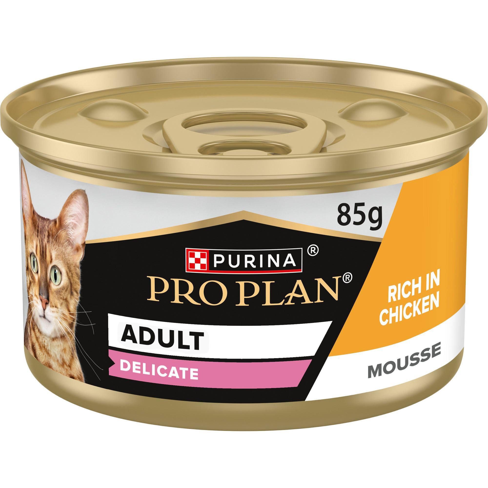 Purina Pro Plan Delicate - Comida húmeda para Gatos Adultos, Mousse con Pollo, 24 latas de 85 g