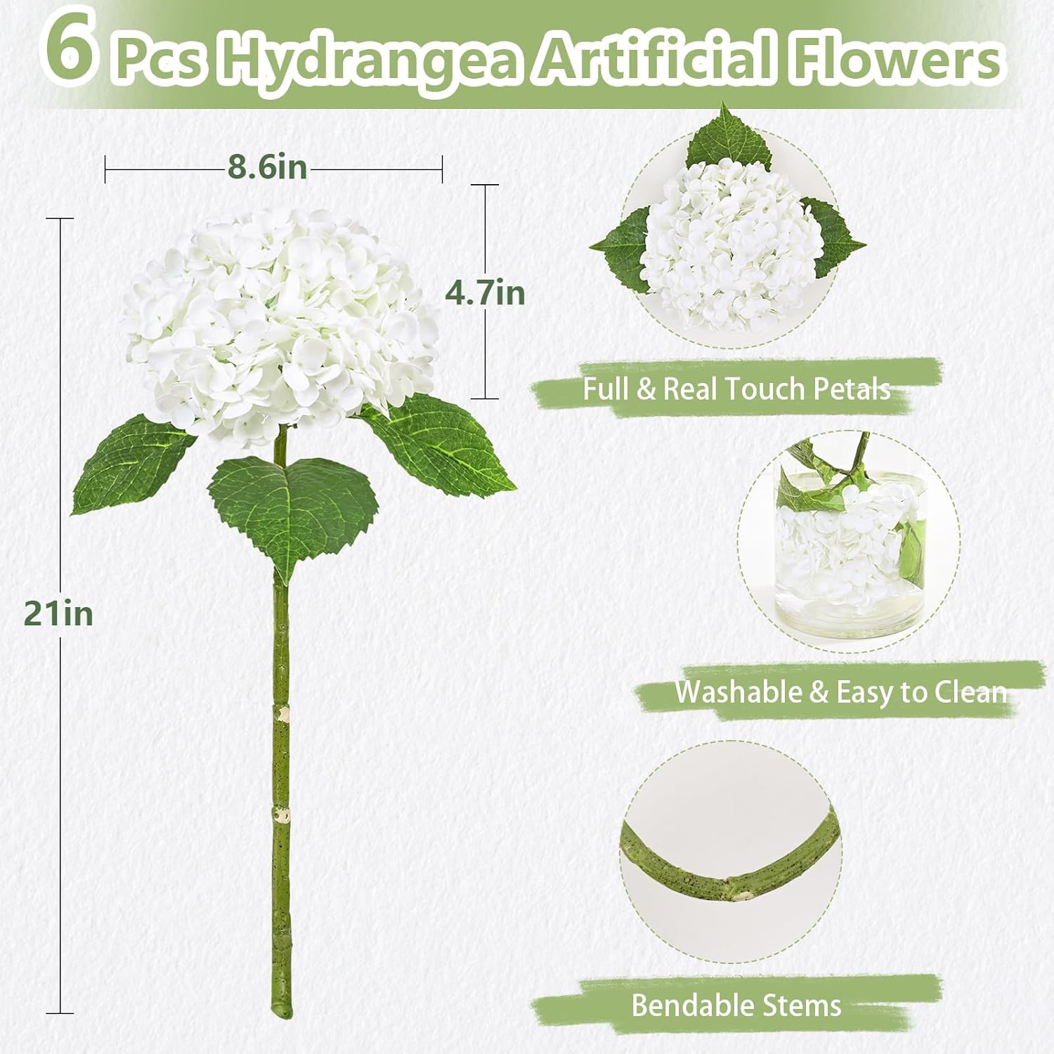 Yastouay 6 Pcs Real Touch Hydrangea Artificial Flowers, 21" White Full Faux Hydrangea Flowers Latex Fake Flowers for Home Decor Party Floral Arrangements Wedding Bouquets Centerpieces Outdoor Decor - Image 4