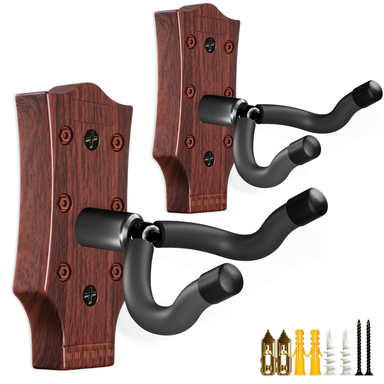 Guitar Wall Mount 2 Pack, Guitar Hanger, UShaped Guitar Wall Hanger Mount Guitar Holder Hook Wall Mount Guitar Accessories for Acoustic, Electric Guitar, Bass, Ukulele with 5 Picks (Wood Color II)