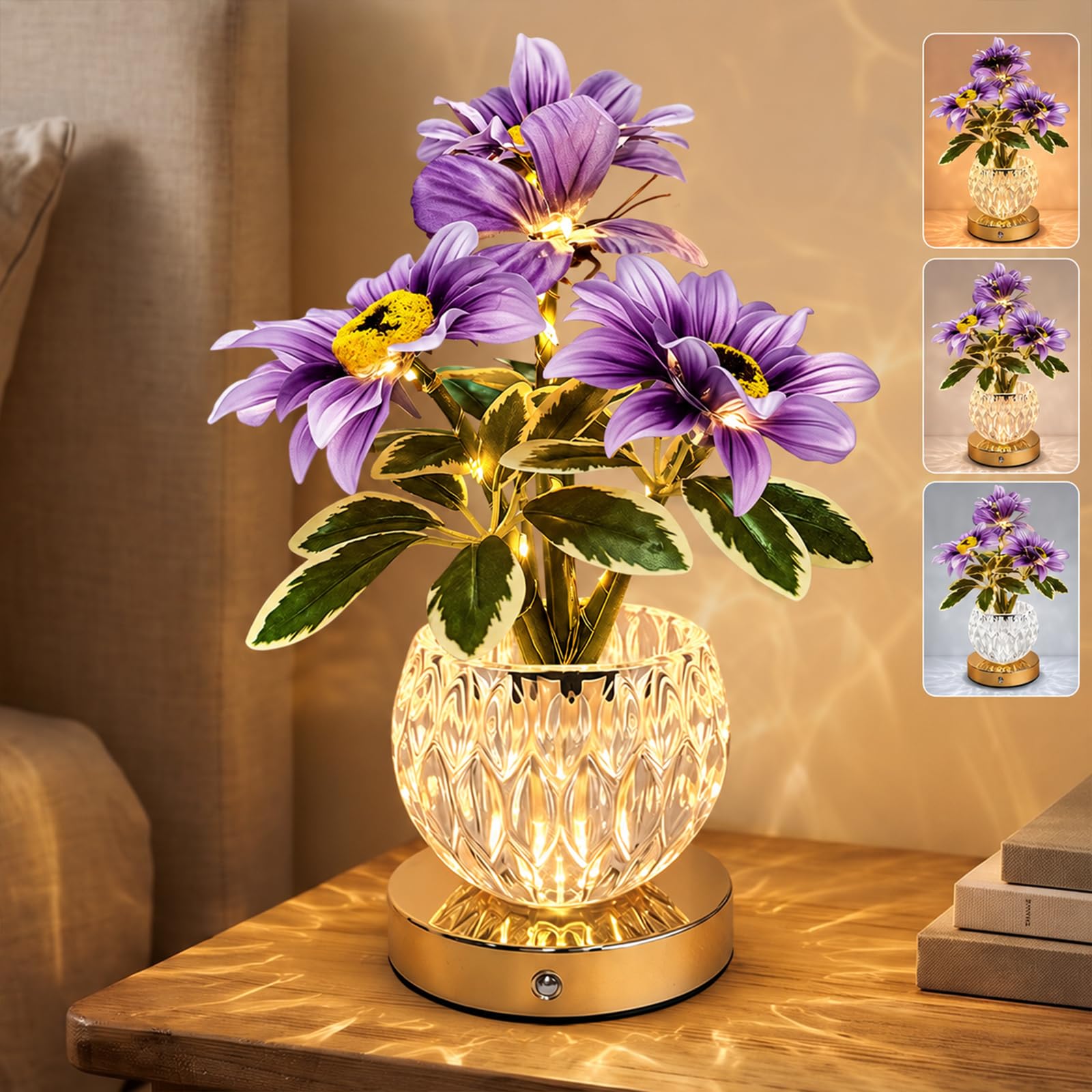 Lily Flower Lamps, Rechargeable Cordless Small Desk Lamp, 3 Colors Dimmable Artificial Flowers Night Light, Fake Bouquet with Crystal Vase for Home Date Party Decoration (Purple - HD Sunflower)