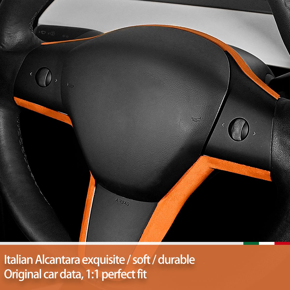 Steering Wheel Frame Sticker Cover Interior Trim Decor Accessories for Tesla Model Y 2020-2023 Model 3 2017-2023 Orange Italian Suede