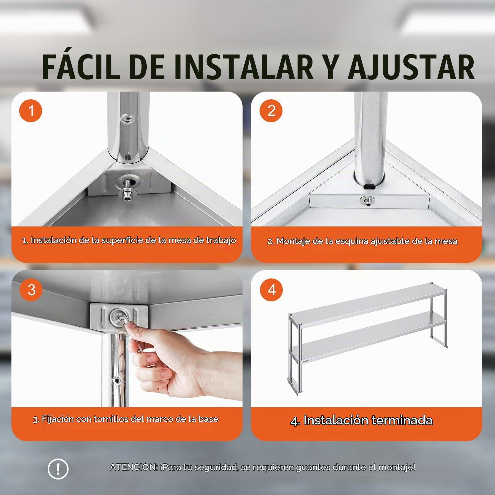 VEVOR Estante superior de acero inoxidable de doble nivel, 12 x 72 pulgadas, mesa de trabajo de preparación ajustable de altura para cocina, restaurante y taller