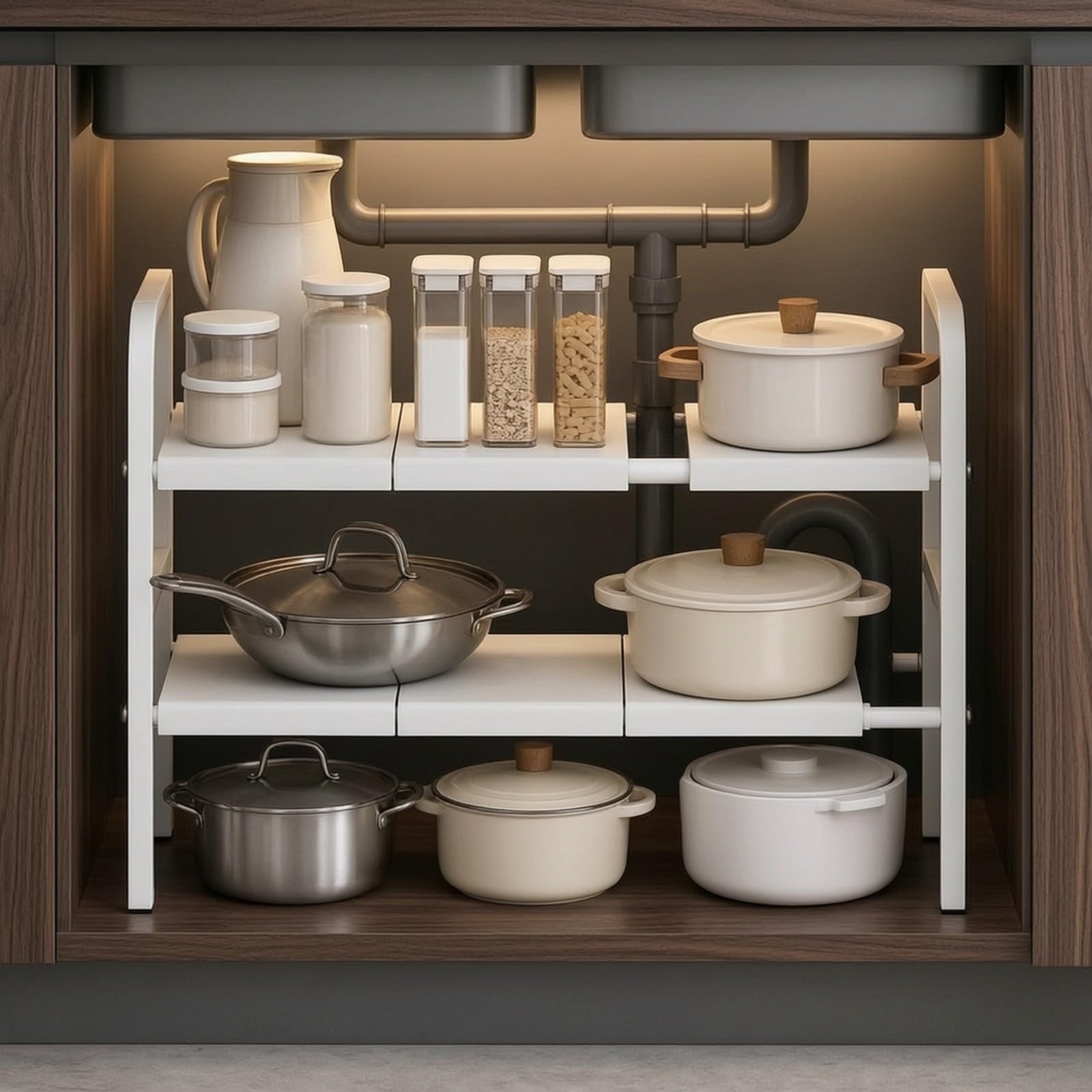 Milageto Organizer Estensibile a 2 Livelli Stabile Organizer sotto Lavello Robusto Scaffale sotto Lavello per Interno Armadio, Stanza Dei Servizi, Grigio