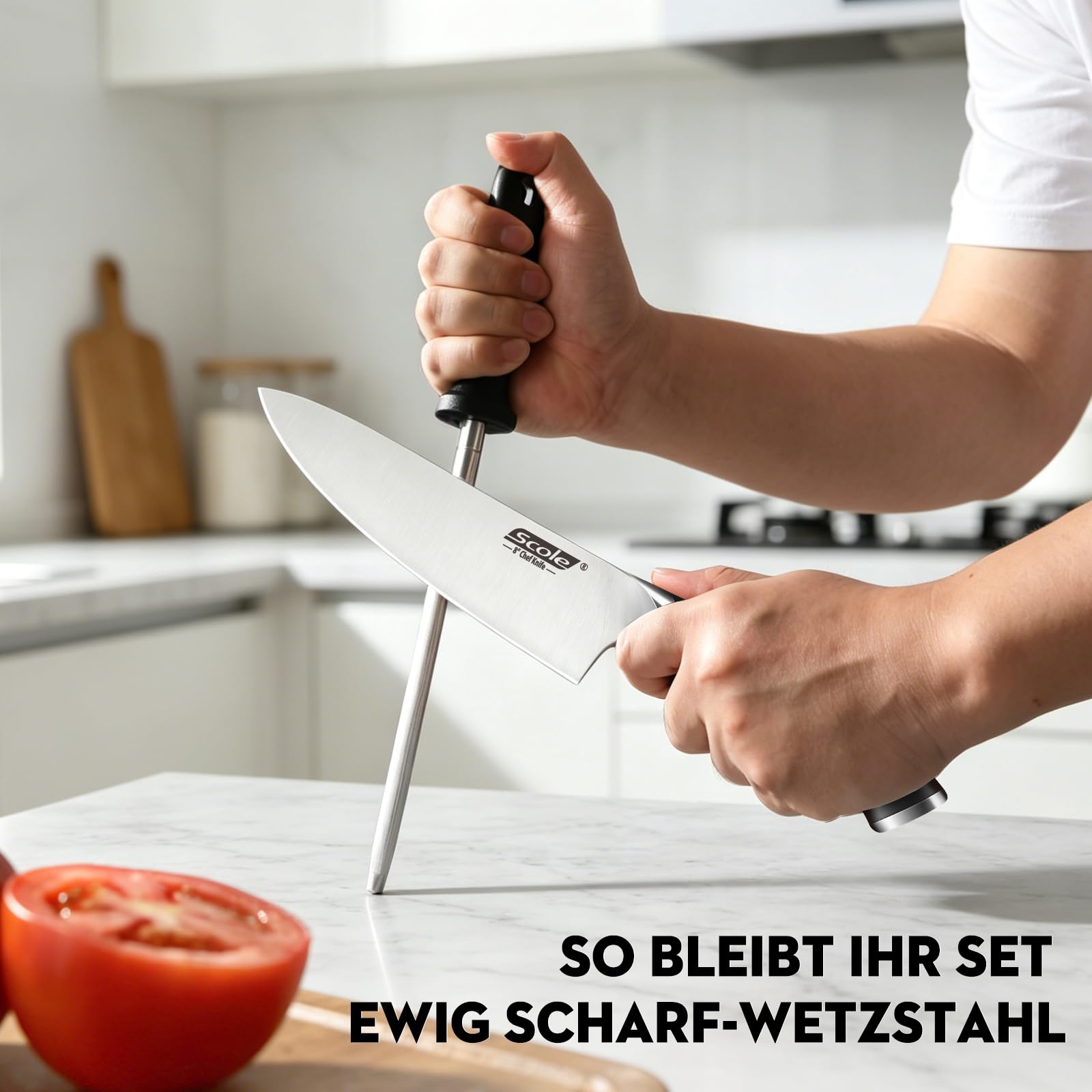 SCOLE® Messerset, Rasierscharf Küchenmesser Set 7-teilig mit Wetzstab, Messer Set, Profi Kochmesser Set Geschenkbox