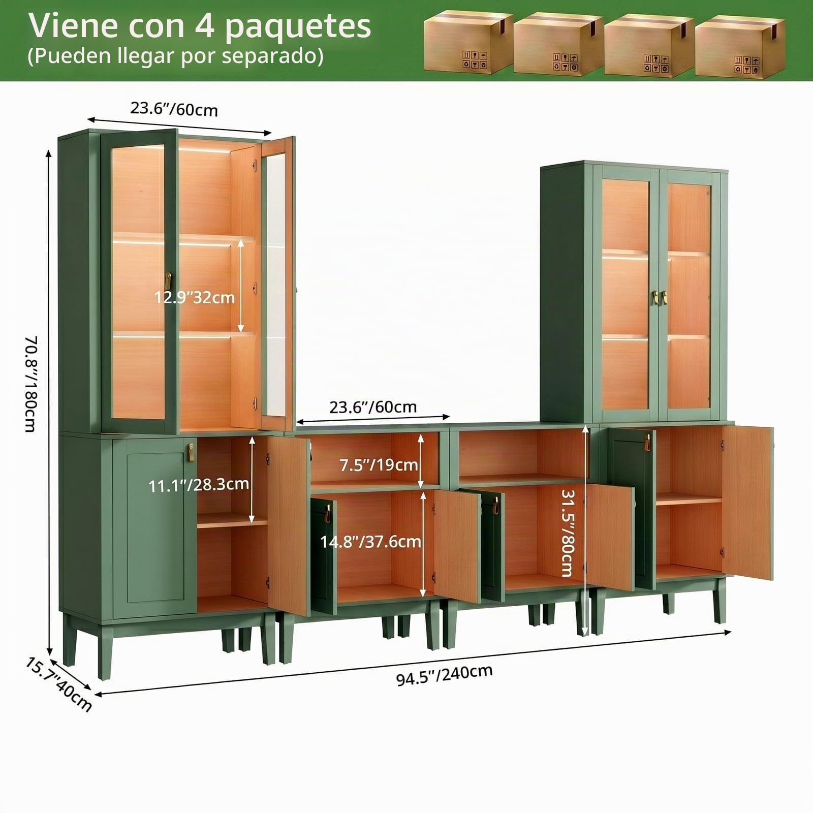 VOWNER Muebles de TV 240cm, Armario para TV con Puertas de Vidrio y Estantes, Mueble Salón con Luz LED Integrada para TV hasta 50 Pulgadas, Gabinete de Almacenamiento Moderno (Verde, 4PCS)