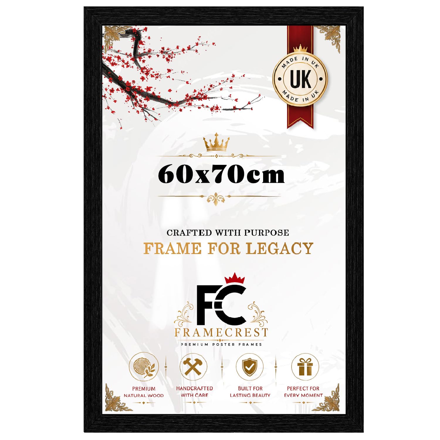 FRAMECREST 60x70cm Poster Frame Black | Premium MDF Wood Photo Frame with HD Styrene Front | Horizontal or Vertical Hanging for Posters, Art Prints & Photos - [Black]