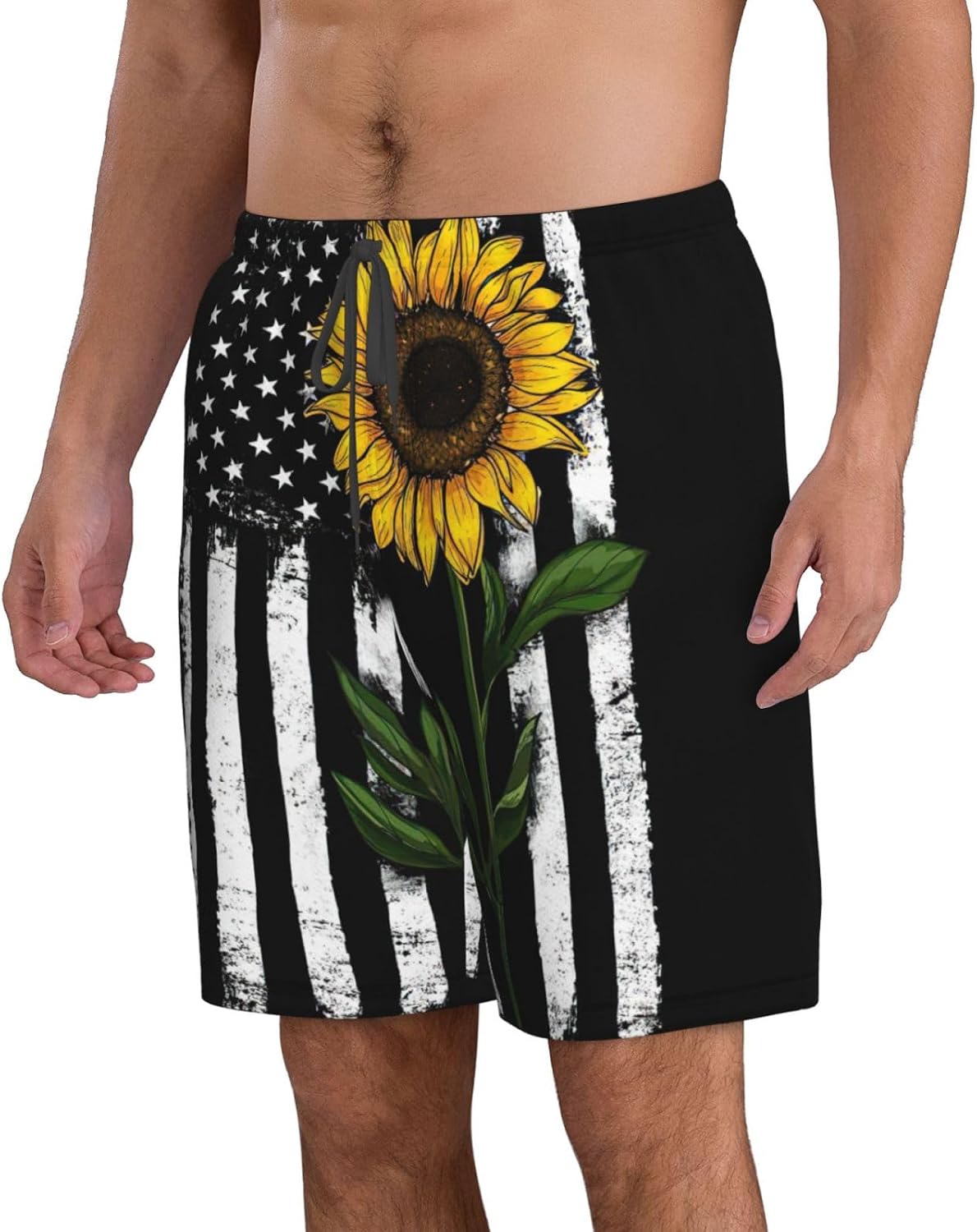 Sunflower and American Flag Print Men's Hawaiian Beach Shorts Elastic Novelty Summer Casual Shorts with Pocket