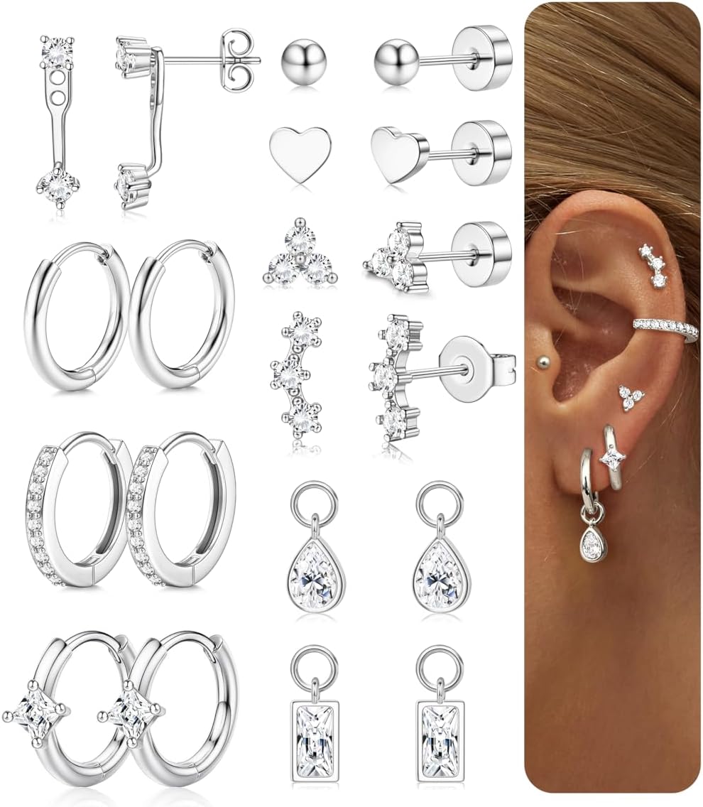 Florideco Hypoallergenic Earrings for Women Surgical Stainless Steel Flat Back Earrings 14K Gold Plated Small Stud Hoop Earring Stacks with CZ Charm Cartilage Earring Set for Multiple Piercing Jewelry