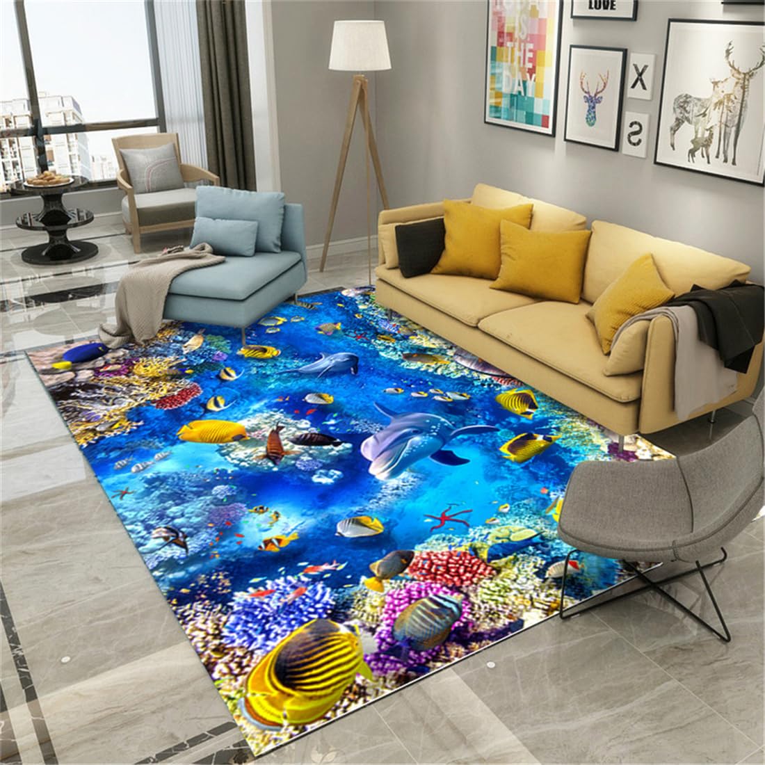 Tapis enfants bleu 300x400cm au motif paysage sous-marin pour decoration de chambre de bebe