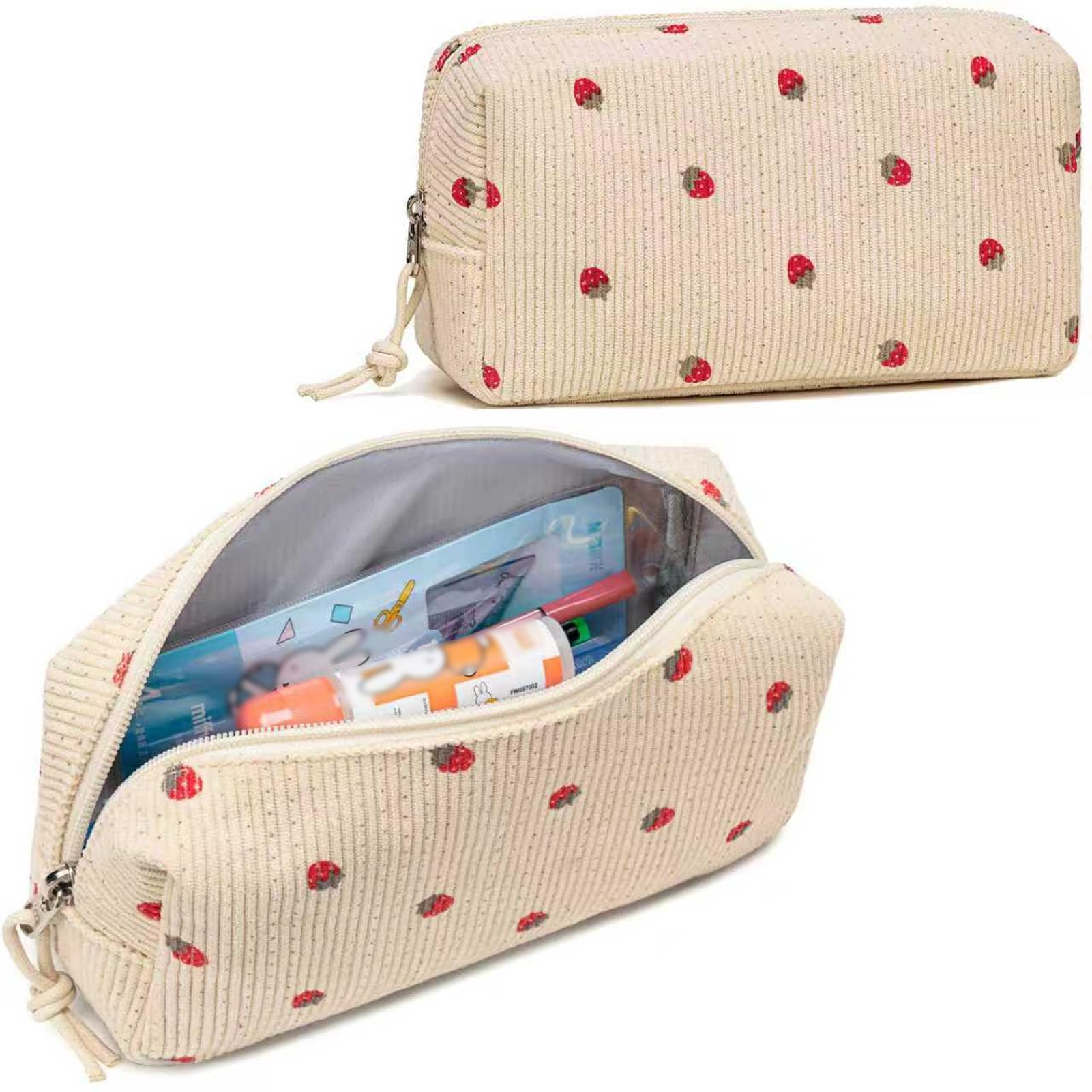 Zanthicia Satch Pencil Case Corduroy Boys Girls Large Capacity Stationery Pouch School Pencil Case For Girls For Boys, Beige Strawberry, 24 * 14 * 9cm