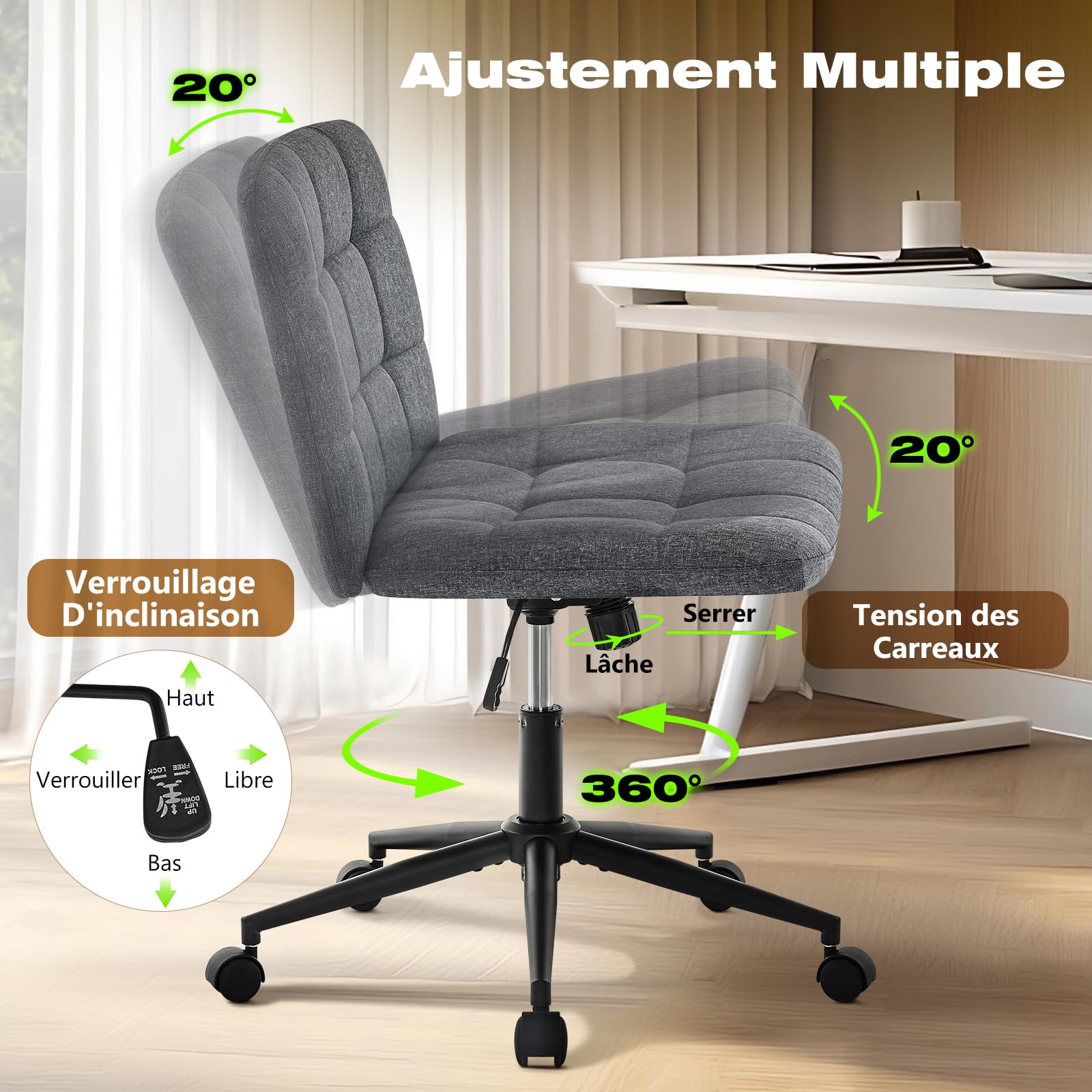 Hellove Chaise De Bureau à Domicile avec Assise Large, Chaise CroiséE à roulettes, Chaises De Bureau sans Accoudoirs en Tissu Lin, Fonctions Pivotantes Et Inclinables RéGlables en Hauteur, Gris