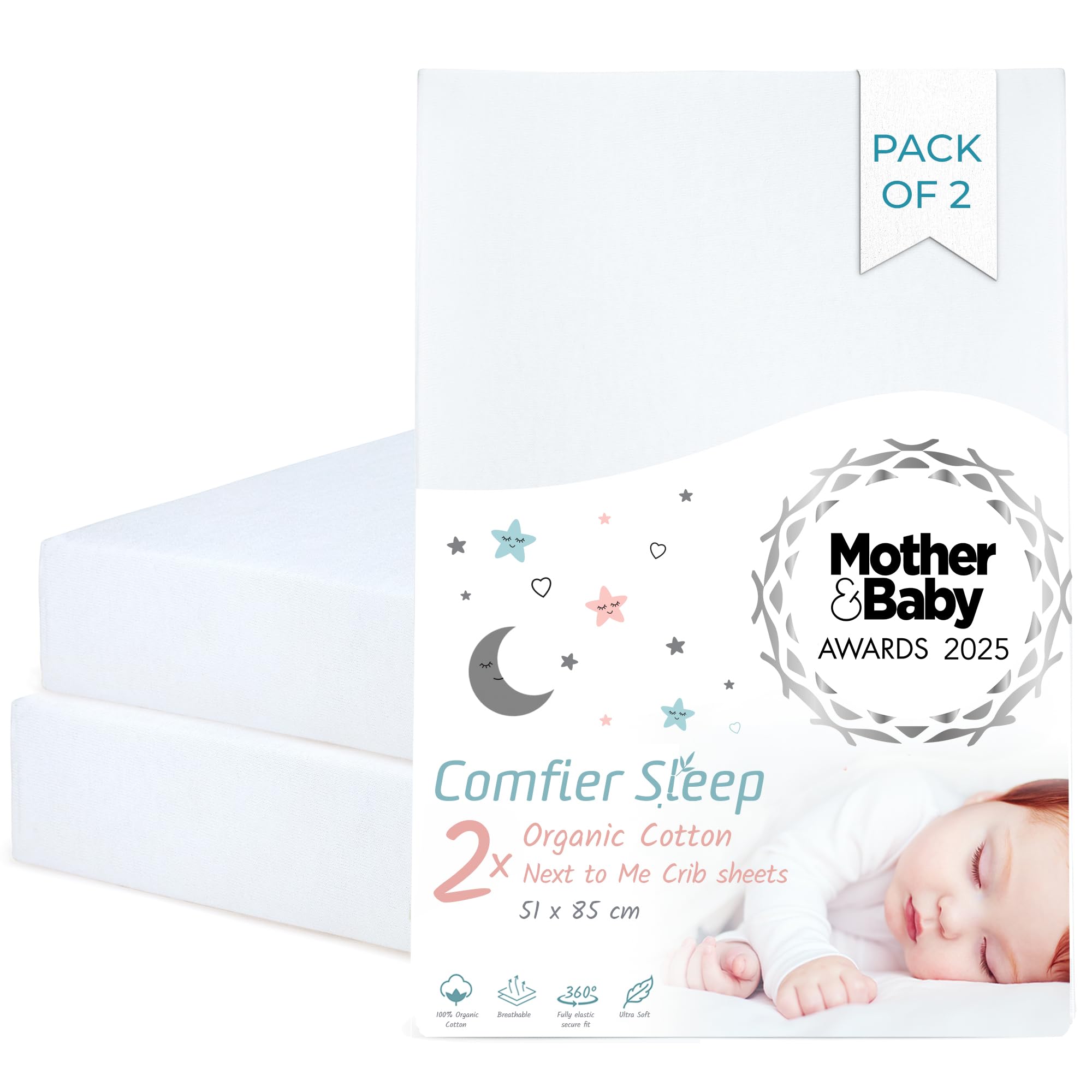 Next To Me Crib Sheets 51x85cm – Award-Winning 2 Pack Organic Cotton White Bedside Crib Fitted Sheets – Soft Breathable Tutti Bambini CoZee Fitted Sheets for Daily Use — view 10