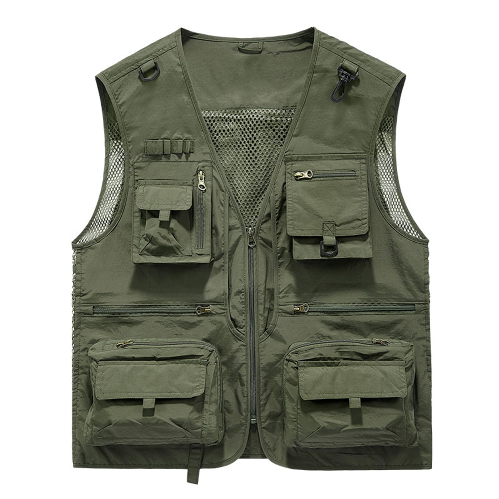 Gilet cargo in rete traspirante con zip, gilet estivo da lavoro da uomo con tasche, gilet tattico ad asciugatura rapida multi-tasca, Verde, XL
