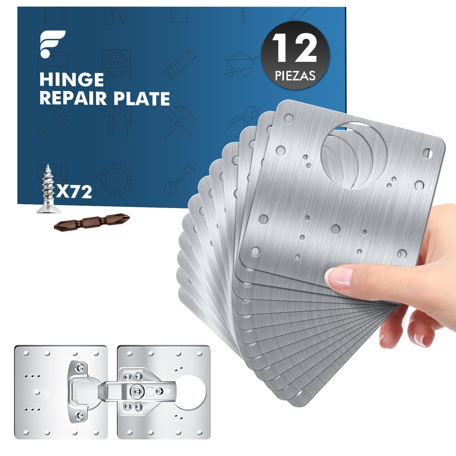 shinfly Hinge Repair Plate, 12 Pieces Door Hinge Repair Kit, with 72 Pieces Screws, Stainless Steel Hinge Repair Kit for Repair Cabinet Doors, Wardrobes, Bookshelves