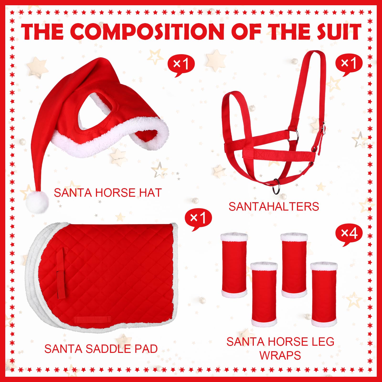 HAOWANWW 7 Pcs Christmas Horse Accessory Set, Santa Leg Wraps, Faux Fur Red Decoration, Holiday Hat, Claus Saddle Pad - Image 3
