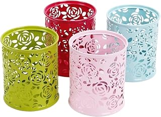 MMYUAK Contenedor para BolíGrafos 1 PC Metal Hollow Rose Flower Design Cylinder Pen Pot Holder Storage Case Office Stationary Supplies para LáPices, Oficina(Pink)