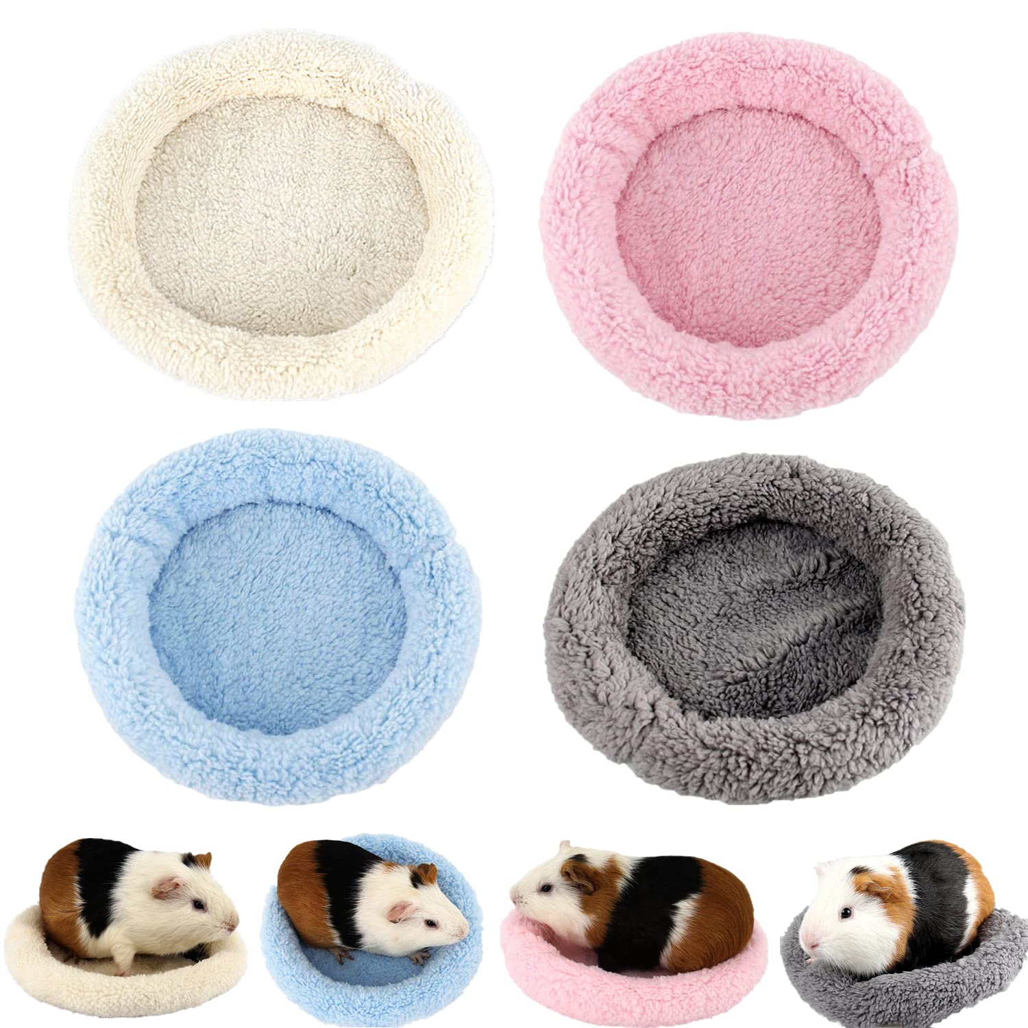 bangminda Cama Suave para Animales Pequeños 4 Piezas Cama Redonda para Hámster Guinea Ardilla Chinchilla Conejos, Cama Dormir Lavable Alfombrilla para Rata Erizo