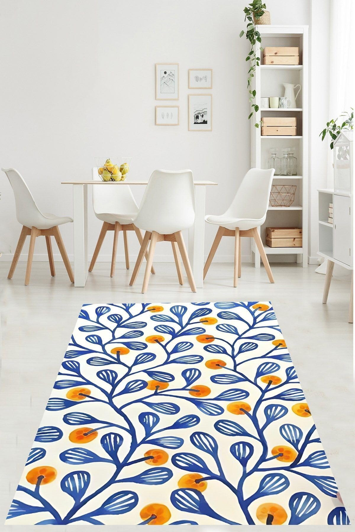 Pelangi Sarmaşık Yapraklı Yemişli Bitki Desen Yıkanabilir Kaymaz Taban Leke Tutmaz Salon Halısı Yoluk, Mavi-Sarı 120 x 200