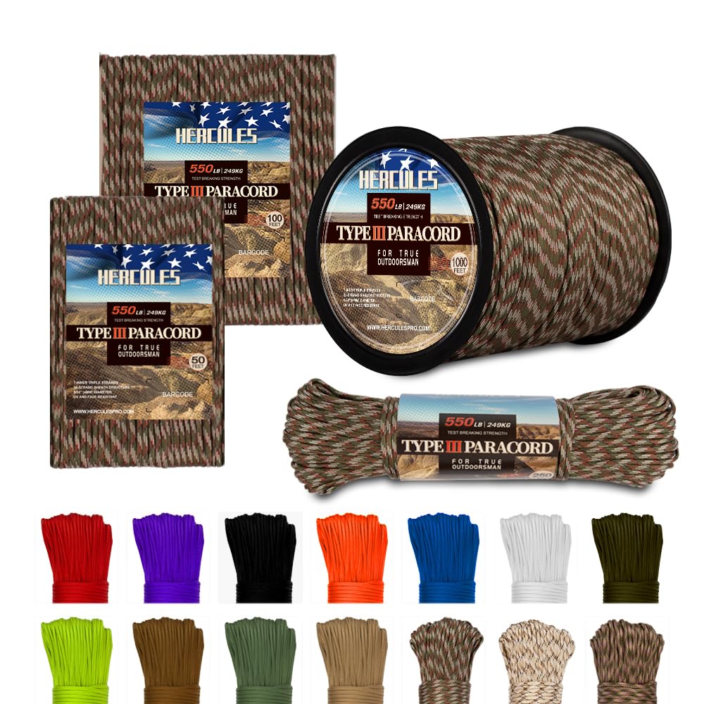 HERCULES Type III Paracord 550 Paracord Rope Parachute Cord, 100' Camo Paracord for Survival Paracord, Survival Cord-picture-22