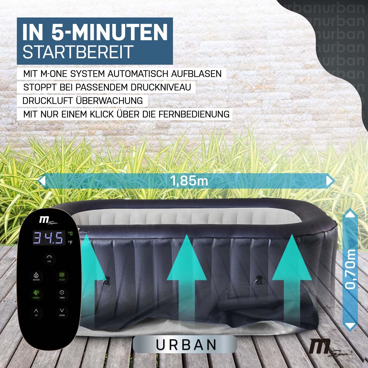 Miweba MSpa Whirlpool Nest | 2 Personen Pool aufblasbar - Spa eckig 186.0 cm x 125.0 cm - UVC+ Wasserreinigung - In & Outdoor Pool - Aufstellpool mit Fernbedienung - Hot Tub - Aufblasbarer Whirlpool