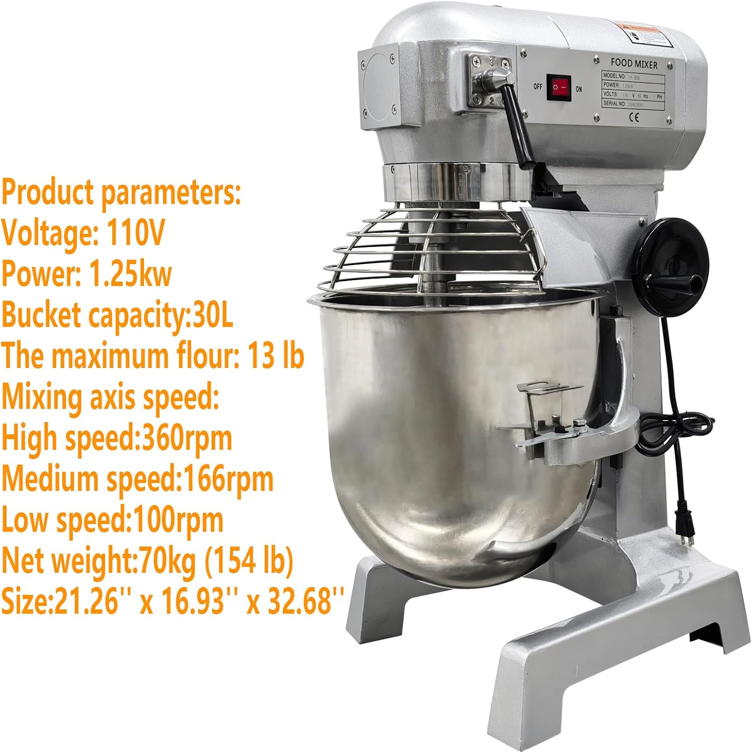 30L 30QT Commercial Food Mixer 3 Speeds Adjustable Dough Mixer With 3 Mixing Tools Dough Blender Machine 110V 1250W（with a Protective Cover）
