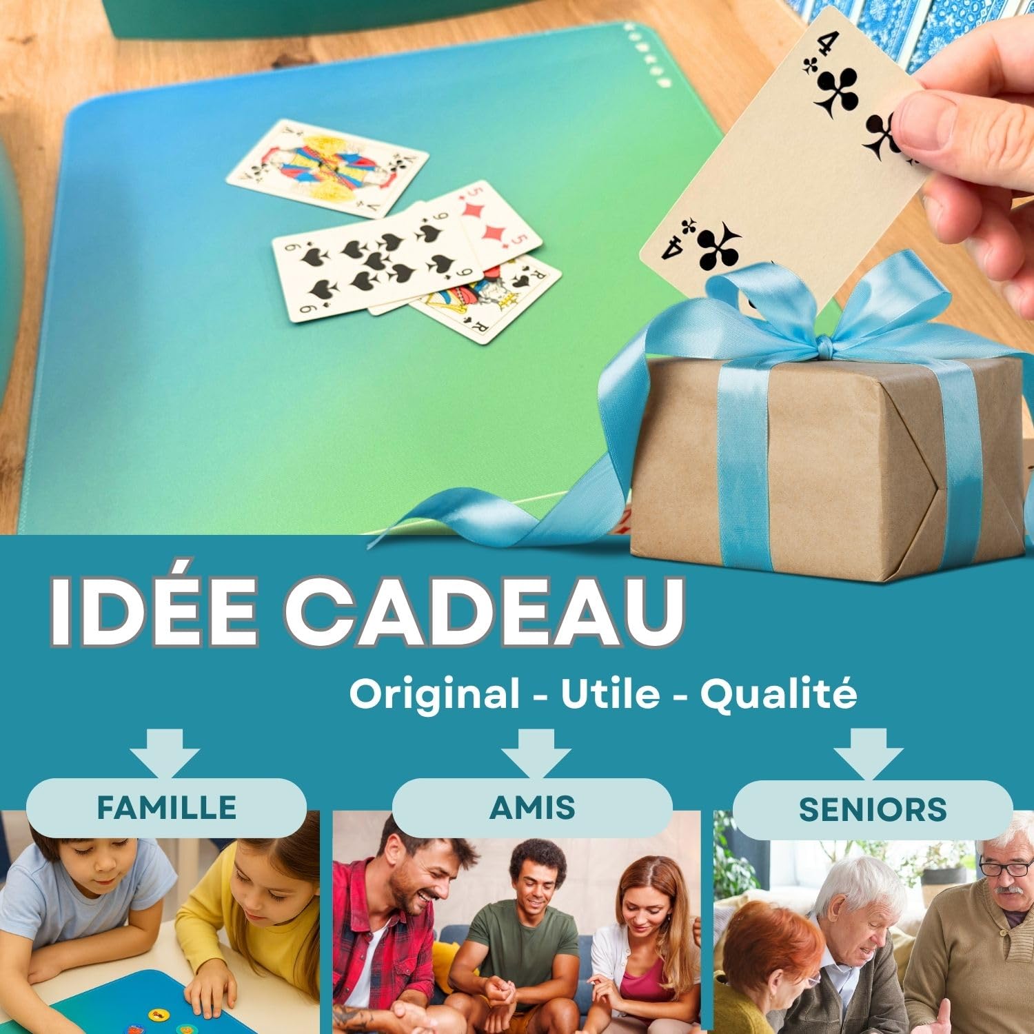 Lot 4 Mini Tapis de Jeux de société 33x33 cm pour Cartes | 4 tapis individuels : 1 par joueur, néoprène antidérapant, format compact pour cartes, famille et voyage