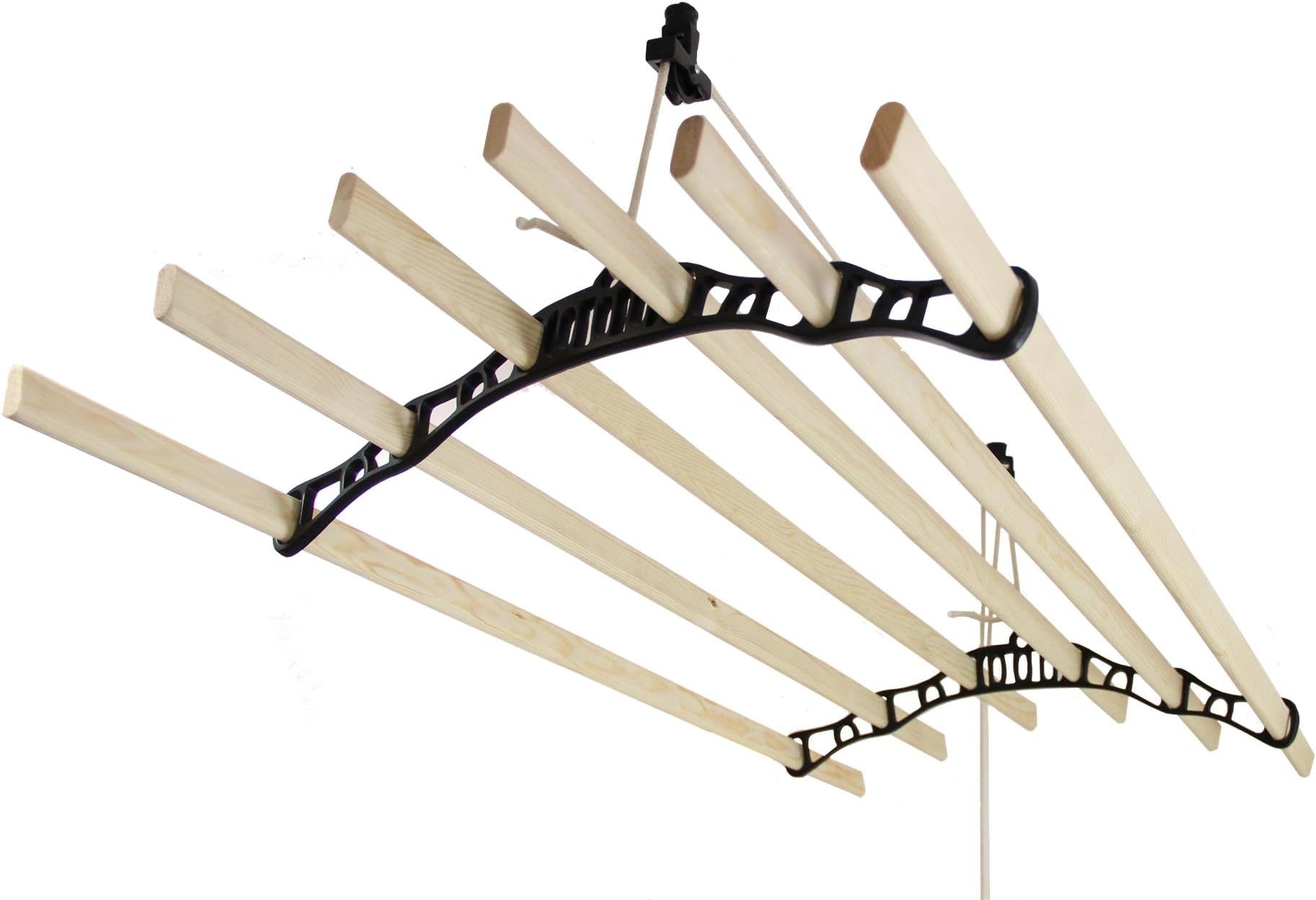 Clothes Airer Ceiling Pulley Maid Traditional Mounted Clothing Dryer 6 Lath Laundry Drying Rack Rail 2.4m Black Quick & Easy Assembly Ethically Sourced Varnished Pine Wood & Powder-Coated Cast Iron