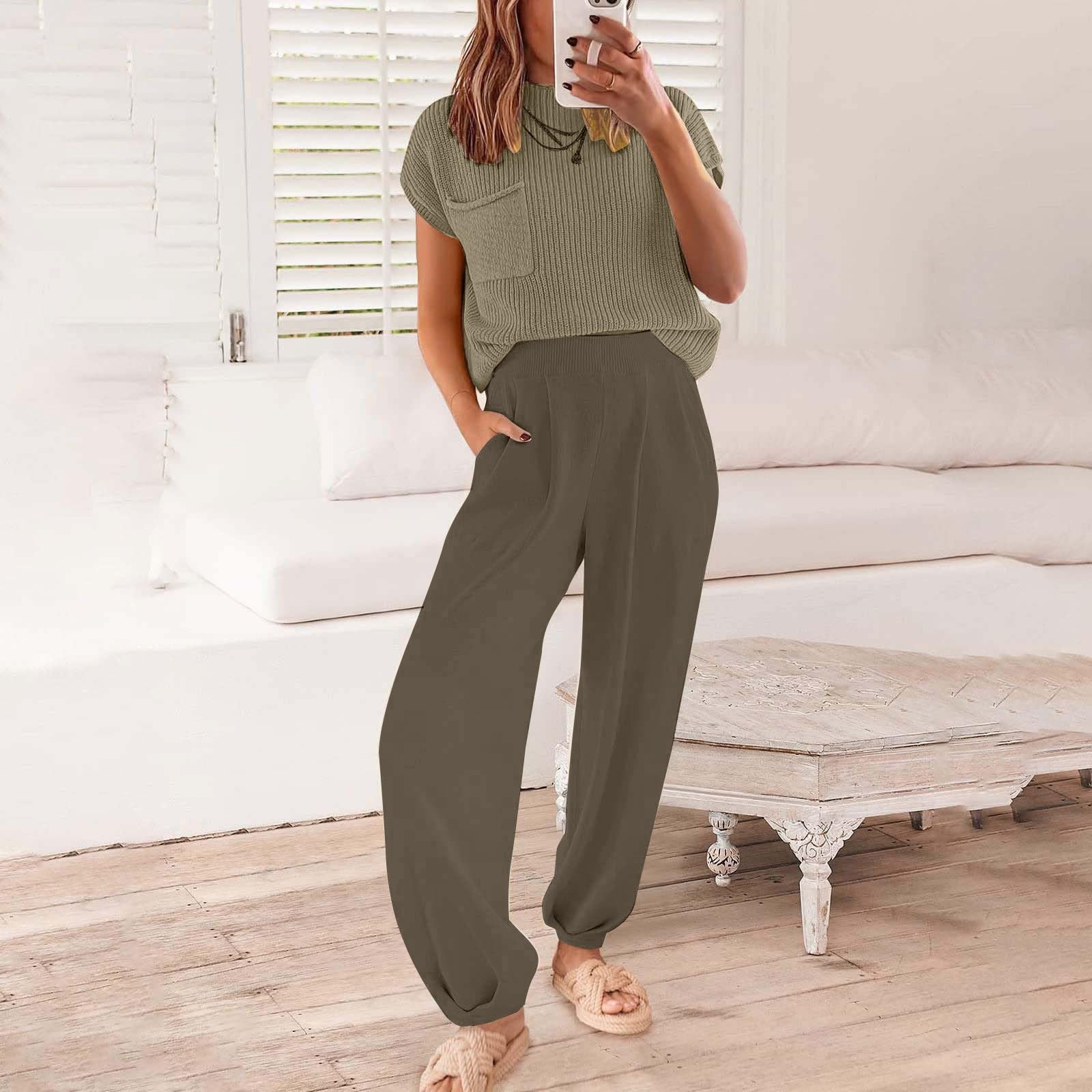 Ensemble de détente en tricot à manches courtes pour femme - 2 pièces
