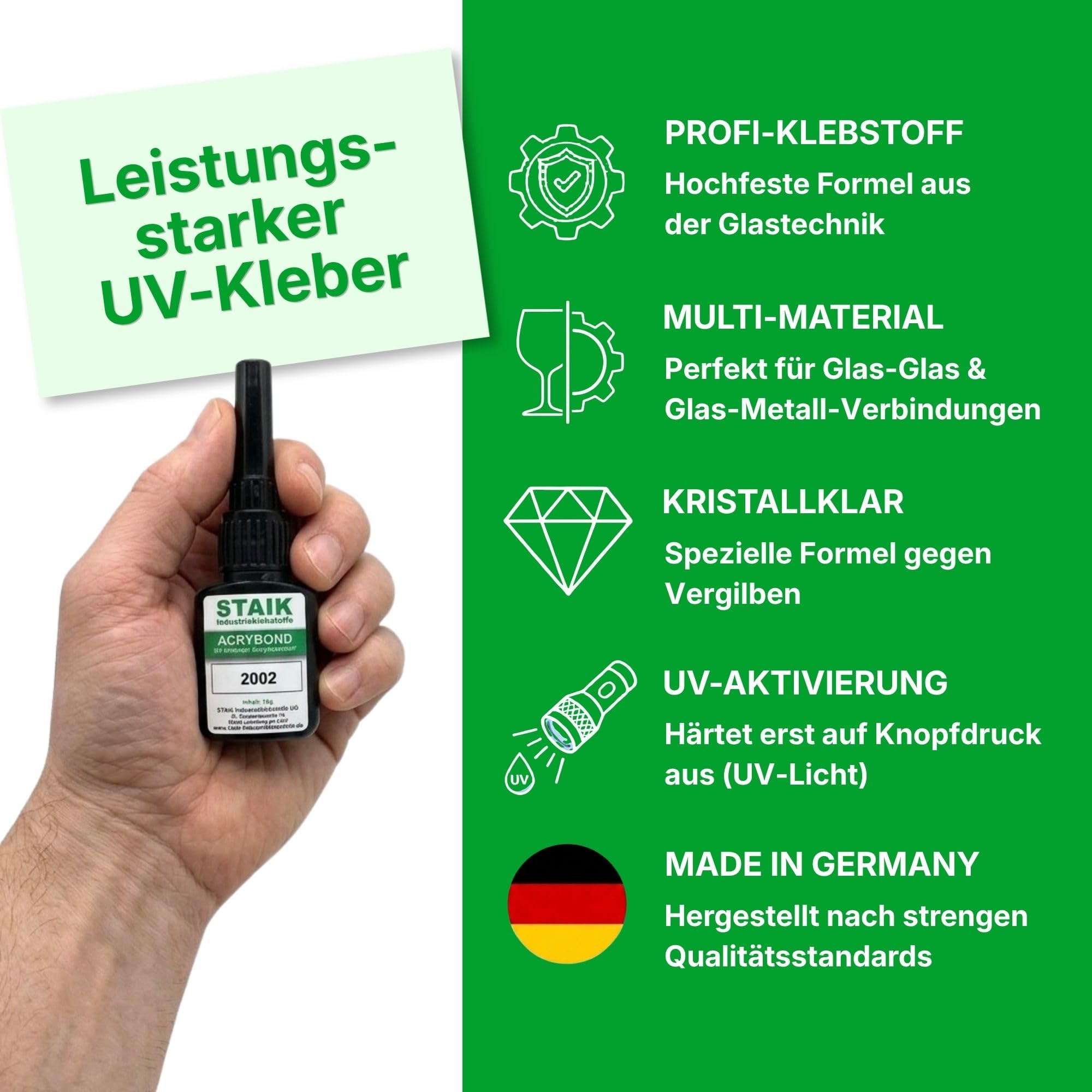 STAIK Acrybond UV-Kleber Glas Metall [16g] – Hochfester Glaskleber mit UV-Lampe | Für Glasreparatur, Möbel & Modellbau | Glasklar härtend in Sekunden | Made in Germany