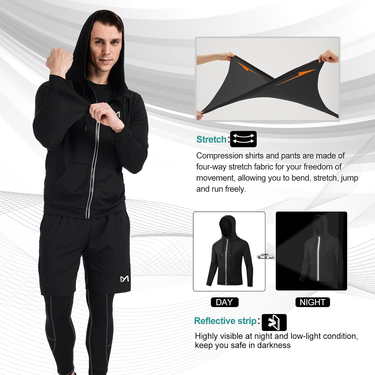 MEETYOO Mens 5pcs Men's Compression Sets Pants Long Sleeve Shirt Athletic Shorts Running Jacket