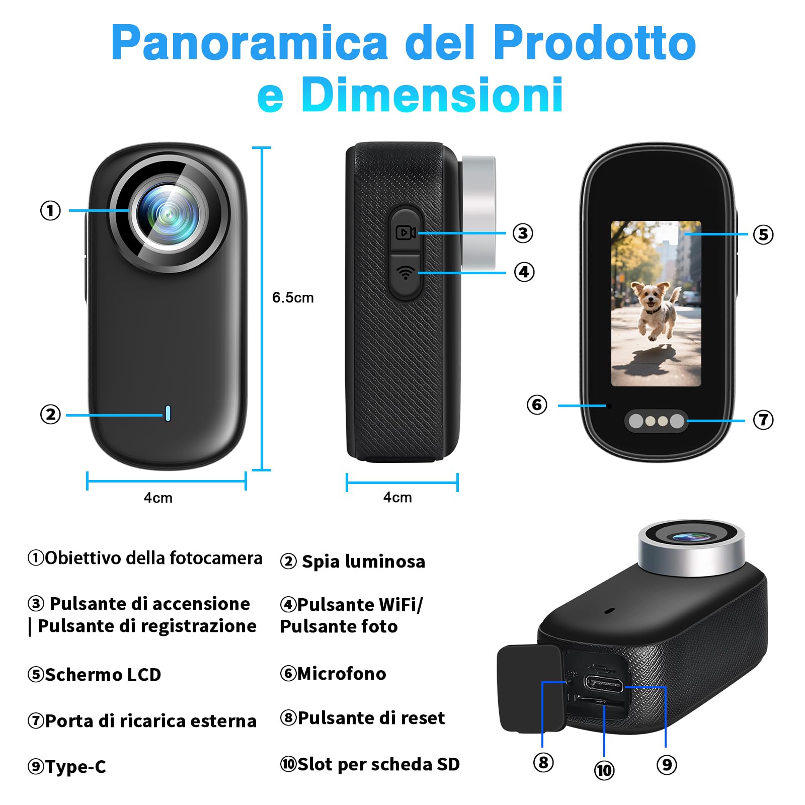 Action Camera Wifi 4K, Impermeabile Mini Action Camera Sportiva | Action Cam da Pollice per Casco da Bicicletta o Moto con Schermo da 1,3 Pollici e Magnete, 32GB Scheda SD