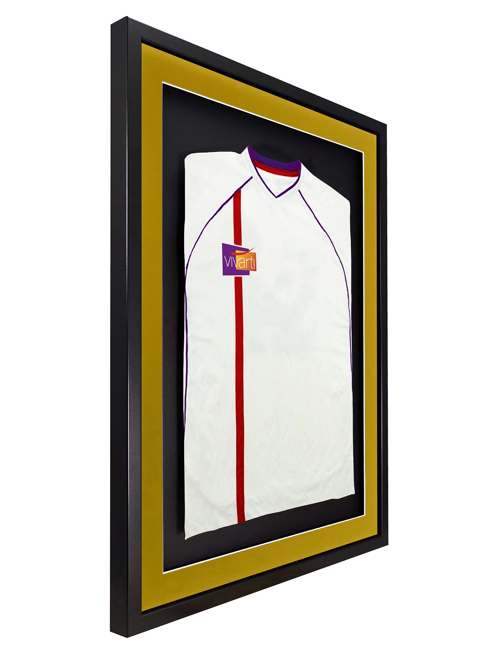 Vivarti Marco de exhibición de Camisa Deportiva montado en 3D para Camisa de fútbol, 60 x 80 cm, Marco Negro, Soporte Dorado, Tarjeta Trasera Negra