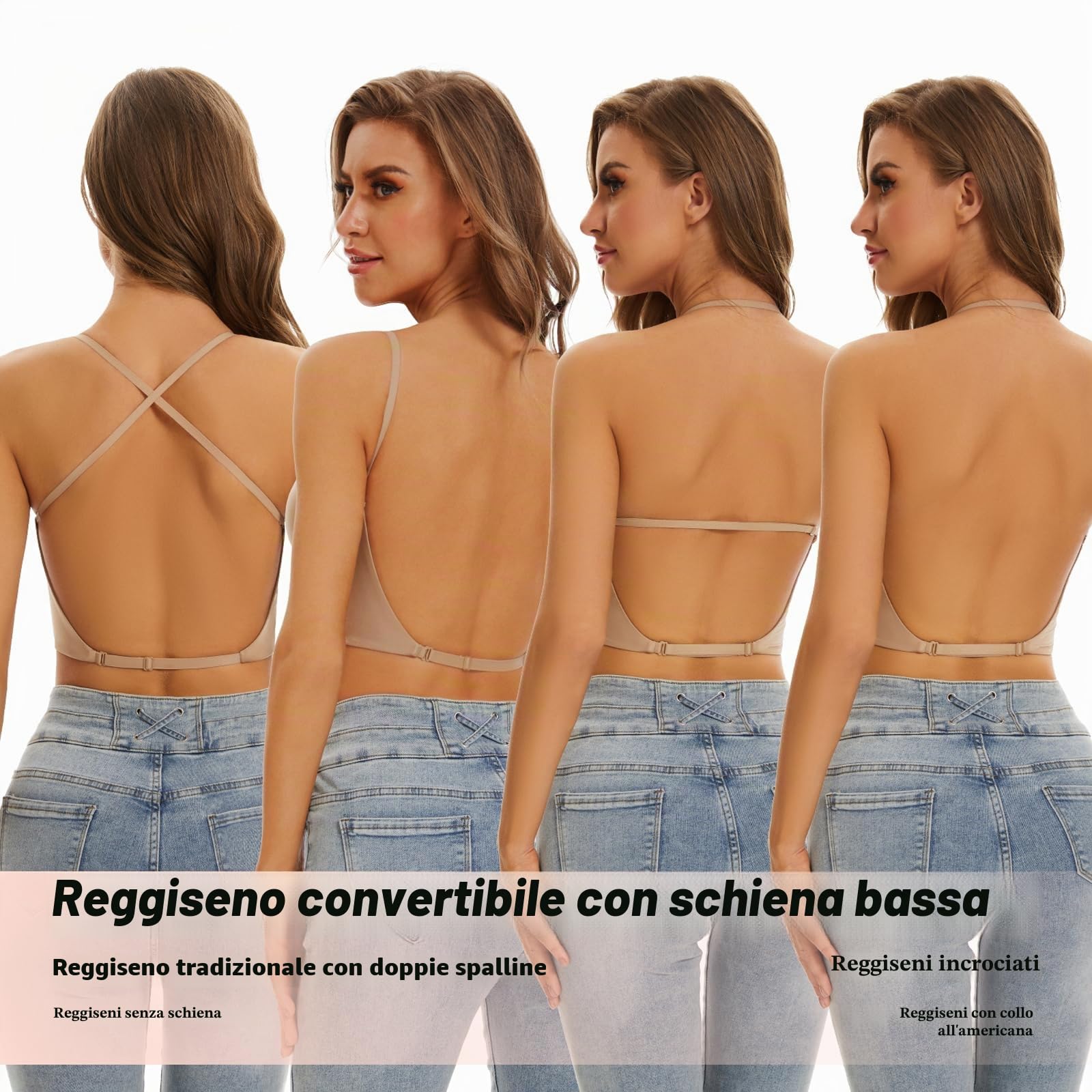 Reggiseno con schiena bassa da donna, push-up, scollo a V profondo, reggiseno senza schiena profonda, spalline multiway, reggiseno convertibile, reggiseno sollevamento filo