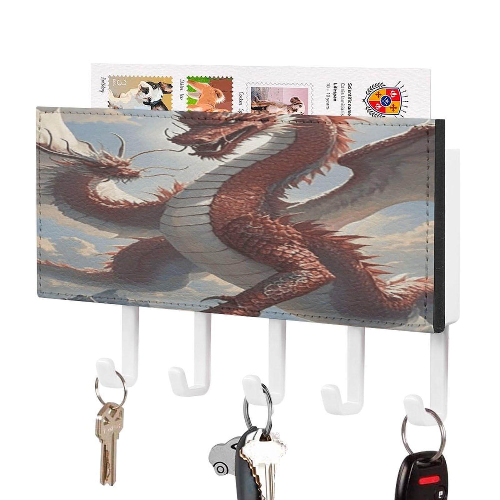 Fekiloot White-Style Chinese Dragon Key Holder Wall Mount Key Hanger With 5 Hooks Decorative Key Rack Hanging Key Hooks With Mail Organizer Key Holder For Wall Living Room Kitchen Bathroom Hallway White