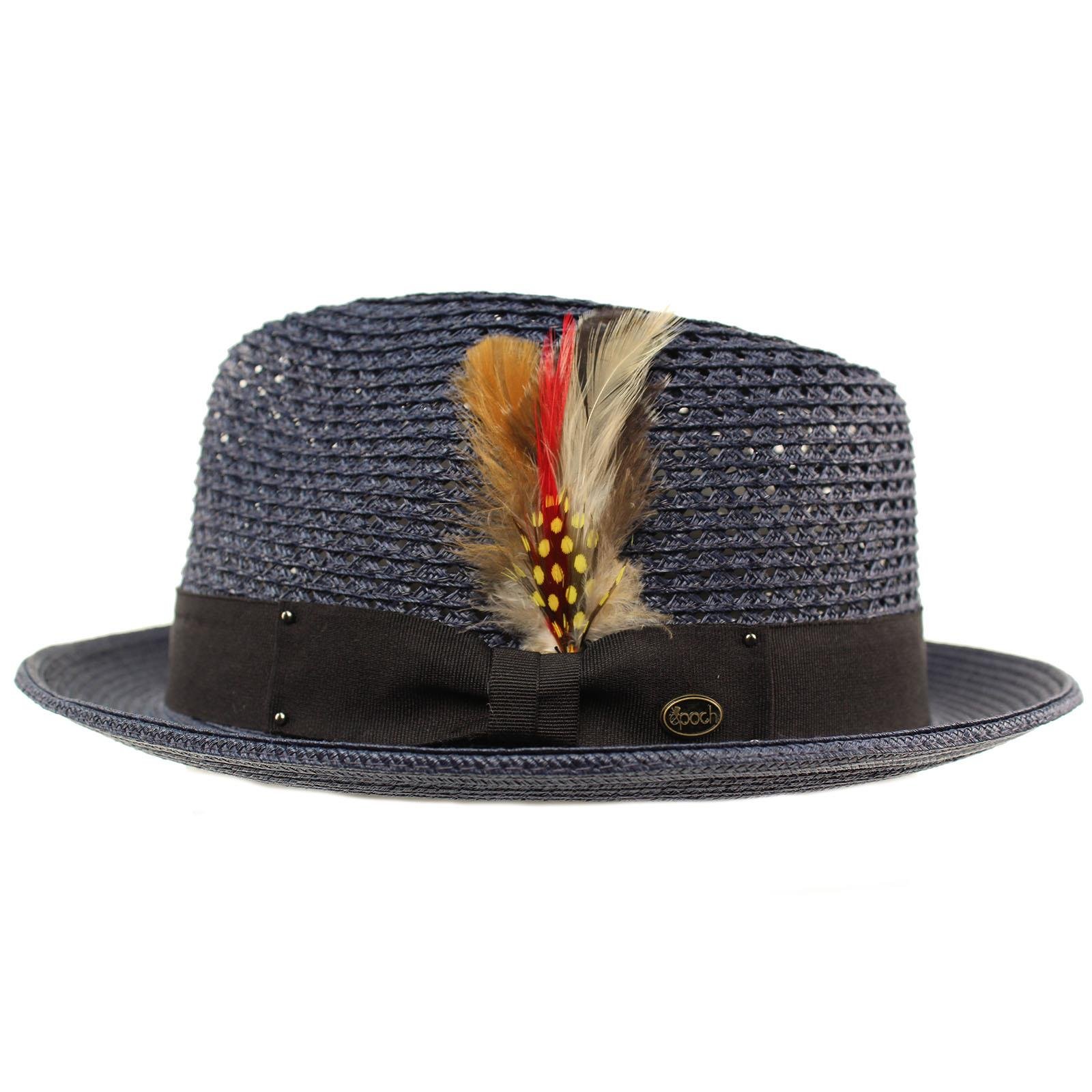 Men's Light Vented Removable Feather Derby Fedora Curled Brim Hat L/XL Navy