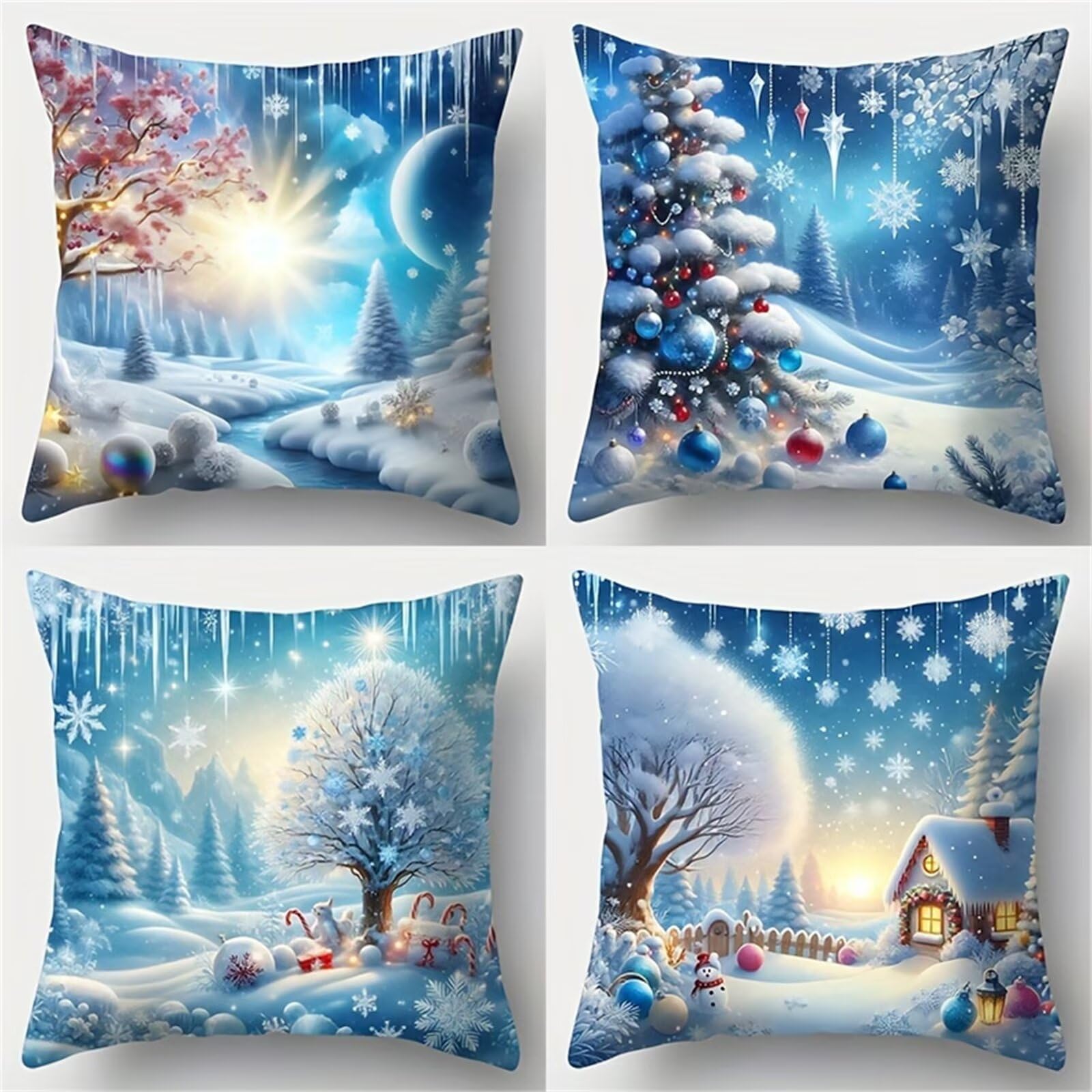 QiHon Cushion Covers 60x60 cm Set of 4 Winter Scenery Linen Square Pillow Cases 24x24 inch Modern Decorative Throw Pillow Covers for Sofa Couch Bedroom Home Office with Invisible Zipper