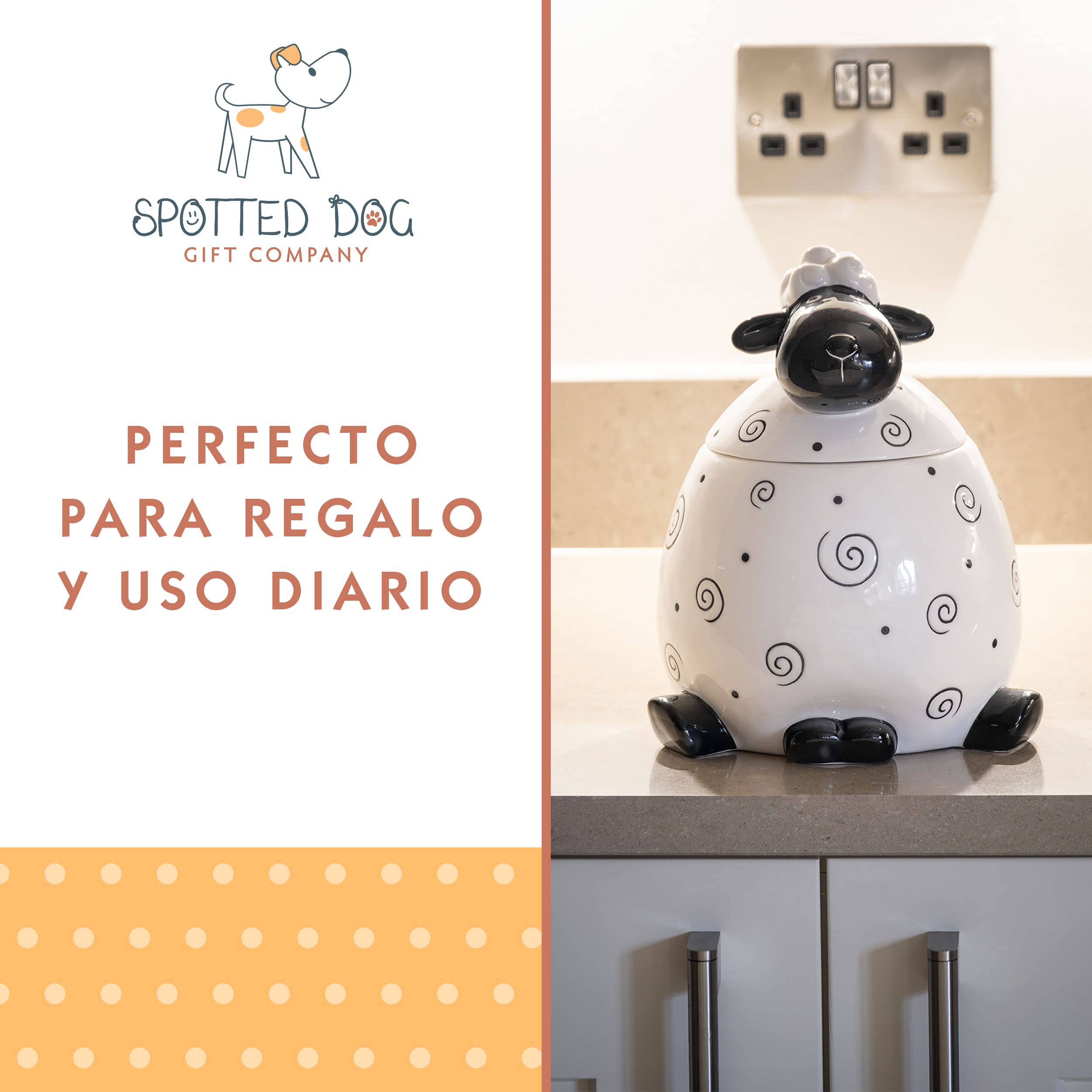SPOTTED DOG GIFT COMPANY Bote Galletas de Cerámica con Oveja, 2200 ml Galletero Negro y Blanco con Tapa, Regalo para Amantes Animales