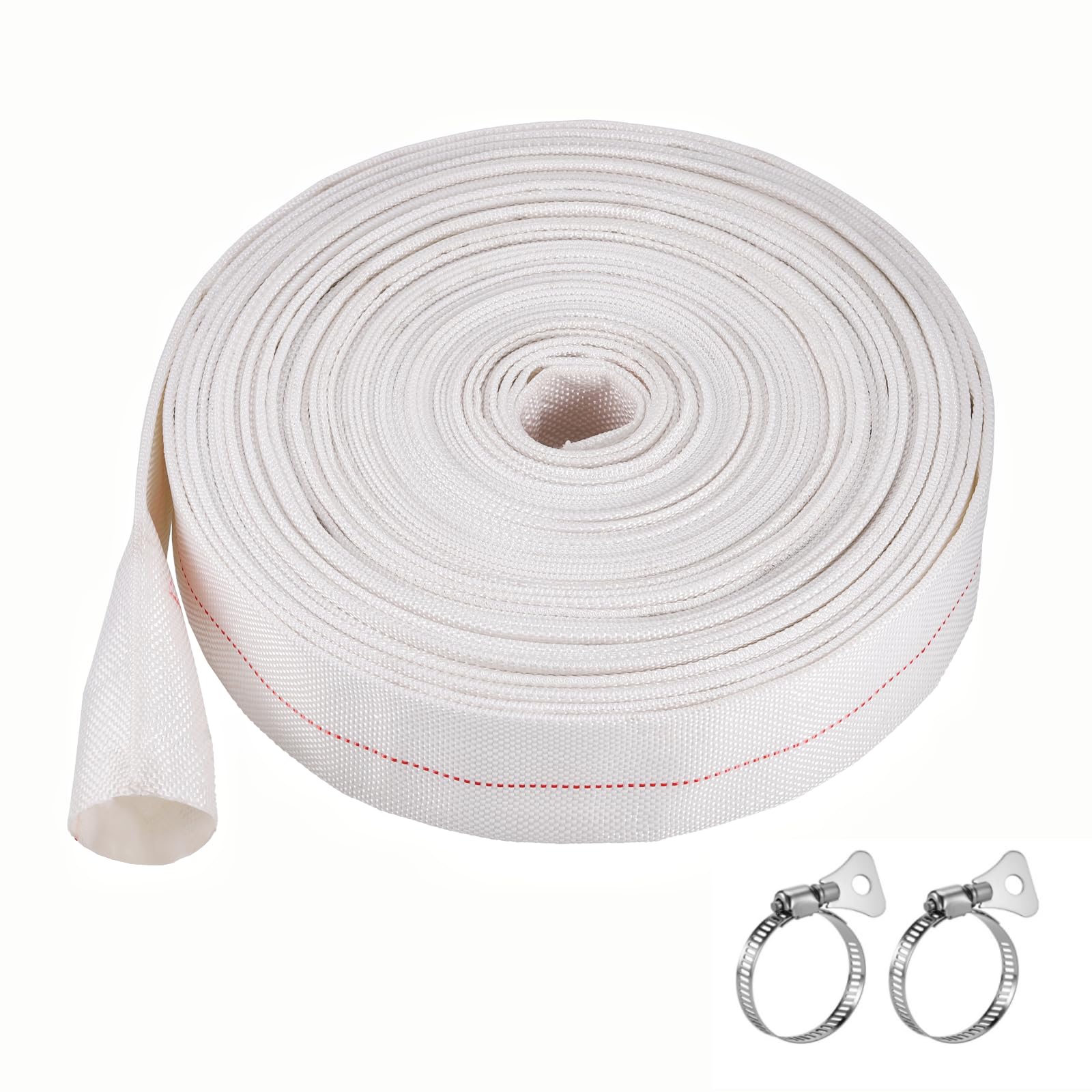 Manguera Plana 20M, Ø32 mm (11/4 pulgadas) Manguera de Riego con 2 Abrazaderas, Manguera de Tejido para Bombas Sumergibles y Bombas para Aguas Sucias, para Riego de Jardin, Piscina