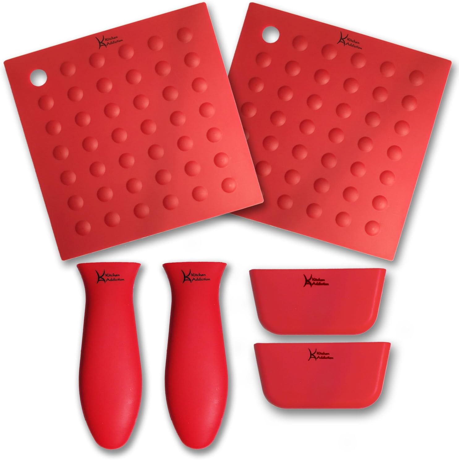 6 Piece Silicone Kitchen Set - Kitchen Addiction 2 Hot Handle Holder Sleeves, 2 Trivet/Potholder/Grippers, 2 Assist Handles Set (Red)
