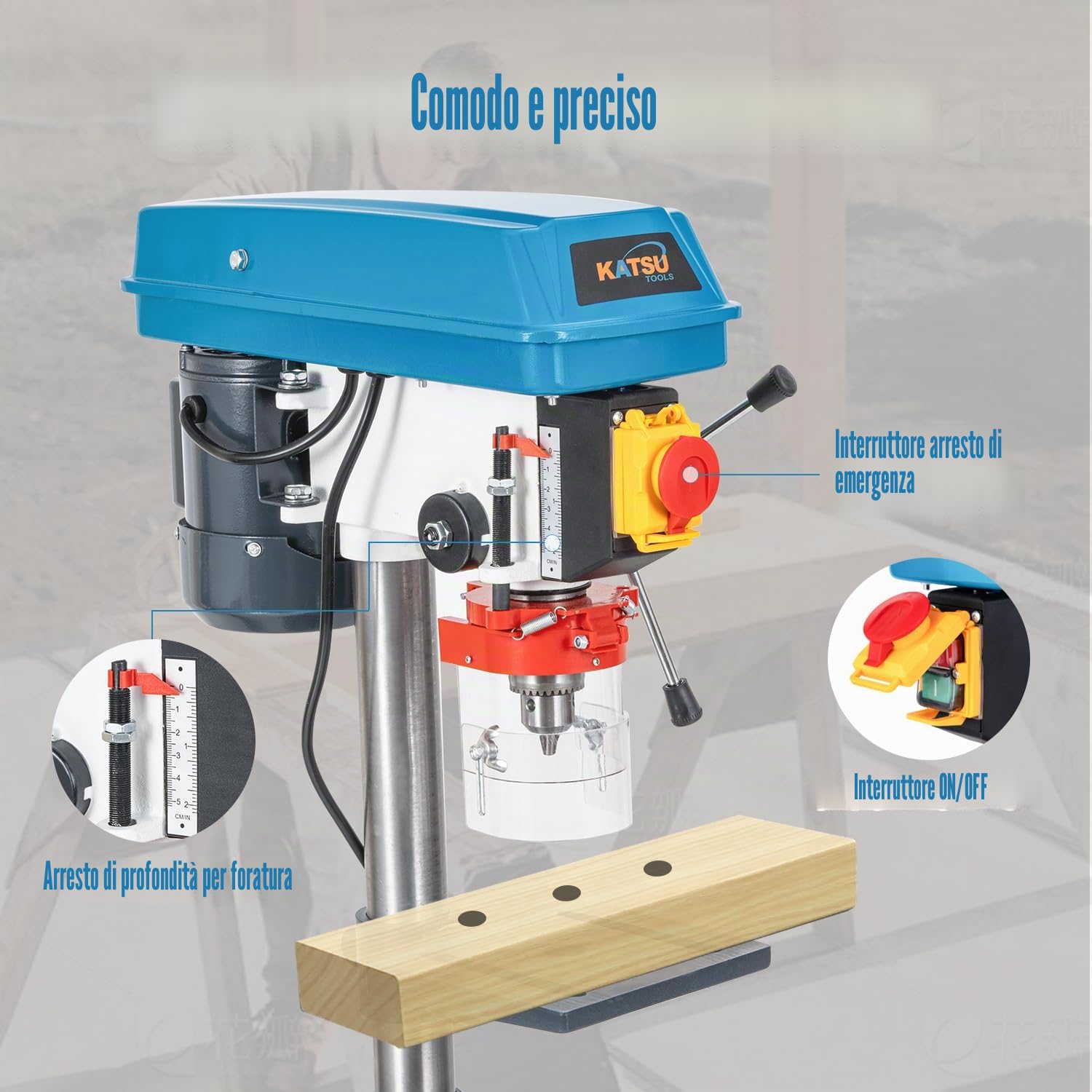 KATSU Tools Trapano a colonna 350 W – mandrino 13 mm, 5 velocità, profondità max 50 mm, 2650 giri/min, tavolo regolabile