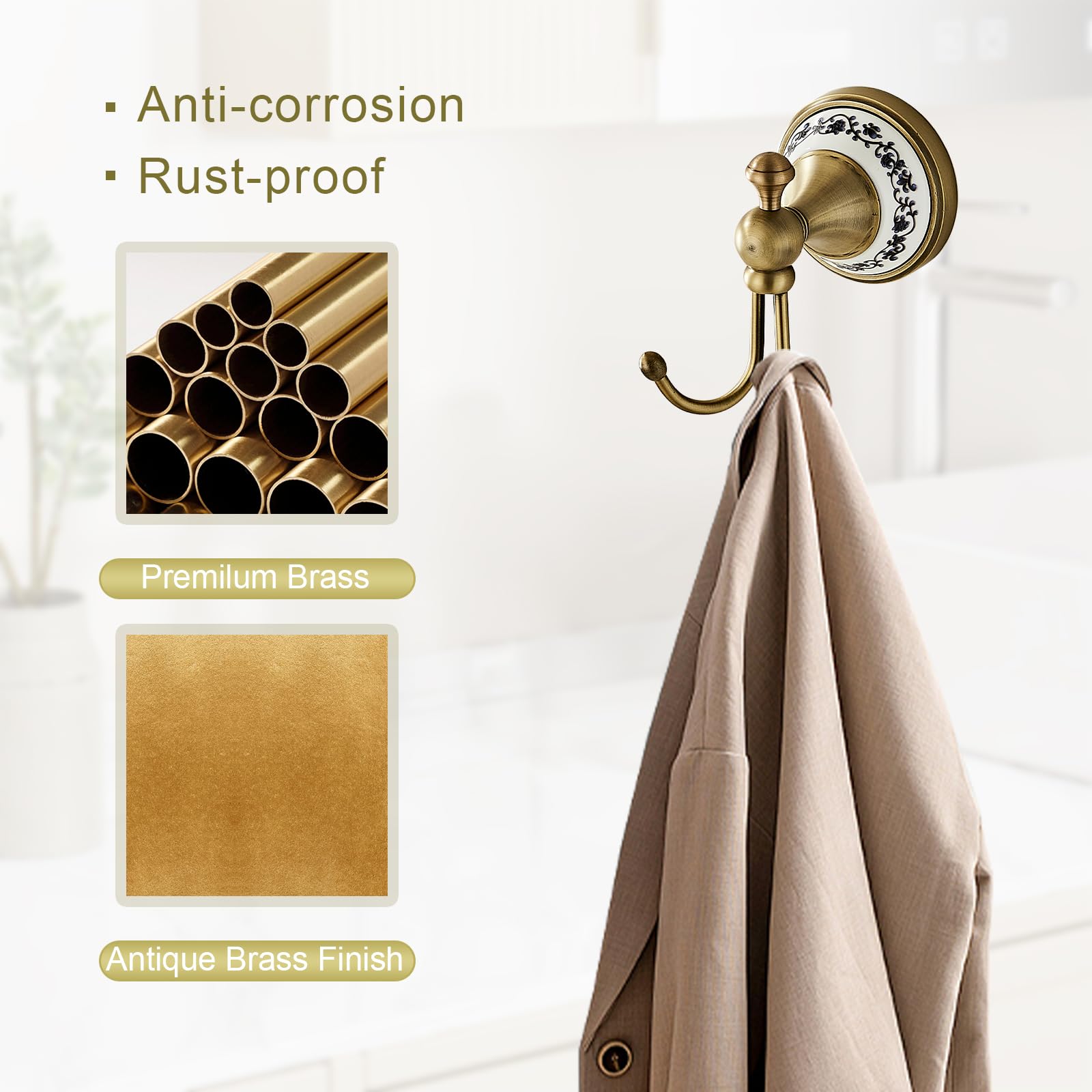 3er-Set Badezimmer-Accessoires mit Porzellan Antik Messing, Toilettenpapierhalter, Handtuchring & Doppel-Haken, Vintage Set für Bad & WC